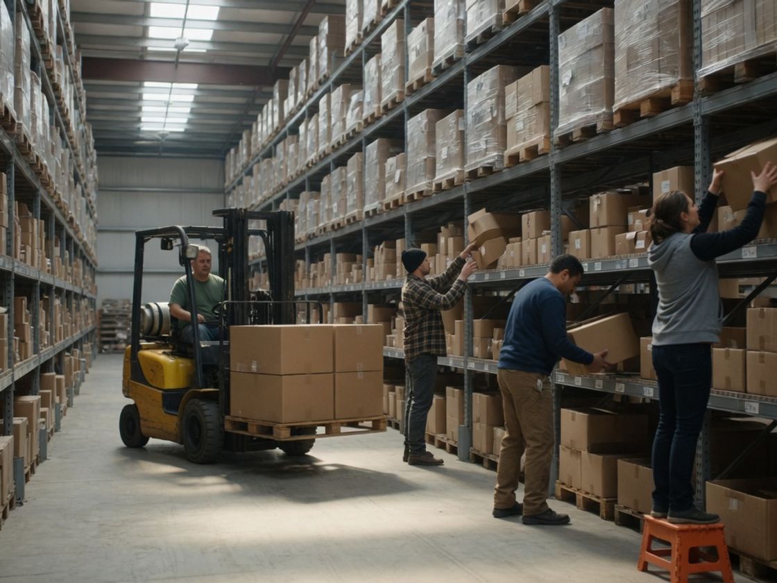 Forklift and workers picking cartons in a warehouse aisle with high pallet racking