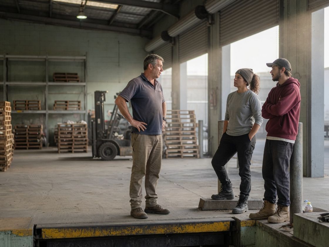 Warehouse supervisor talking through the week's shifts with two team members while rostering casual employees
