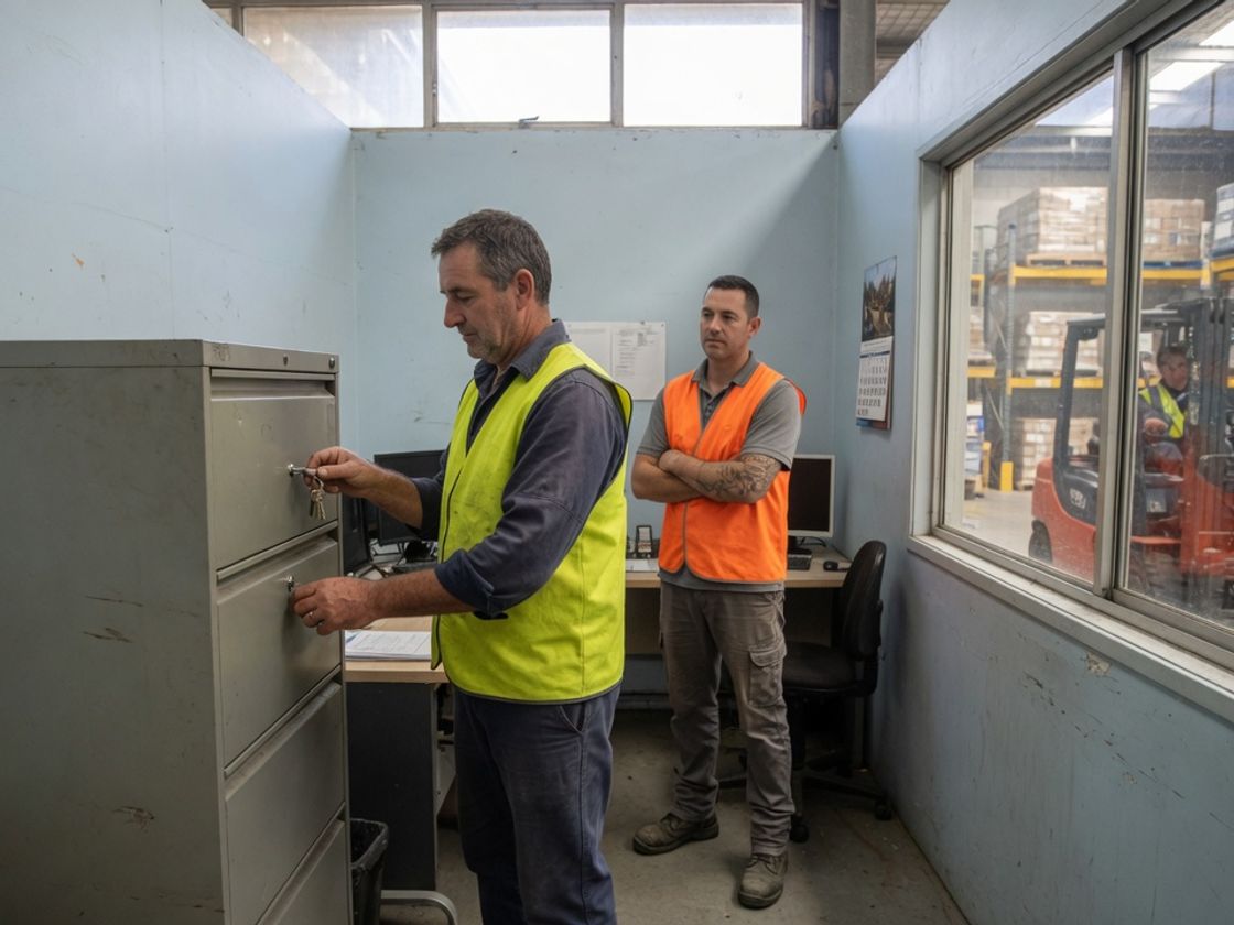 Supervisor locking a steel filing cabinet in a Melbourne warehouse office, a candidate data privacy habit