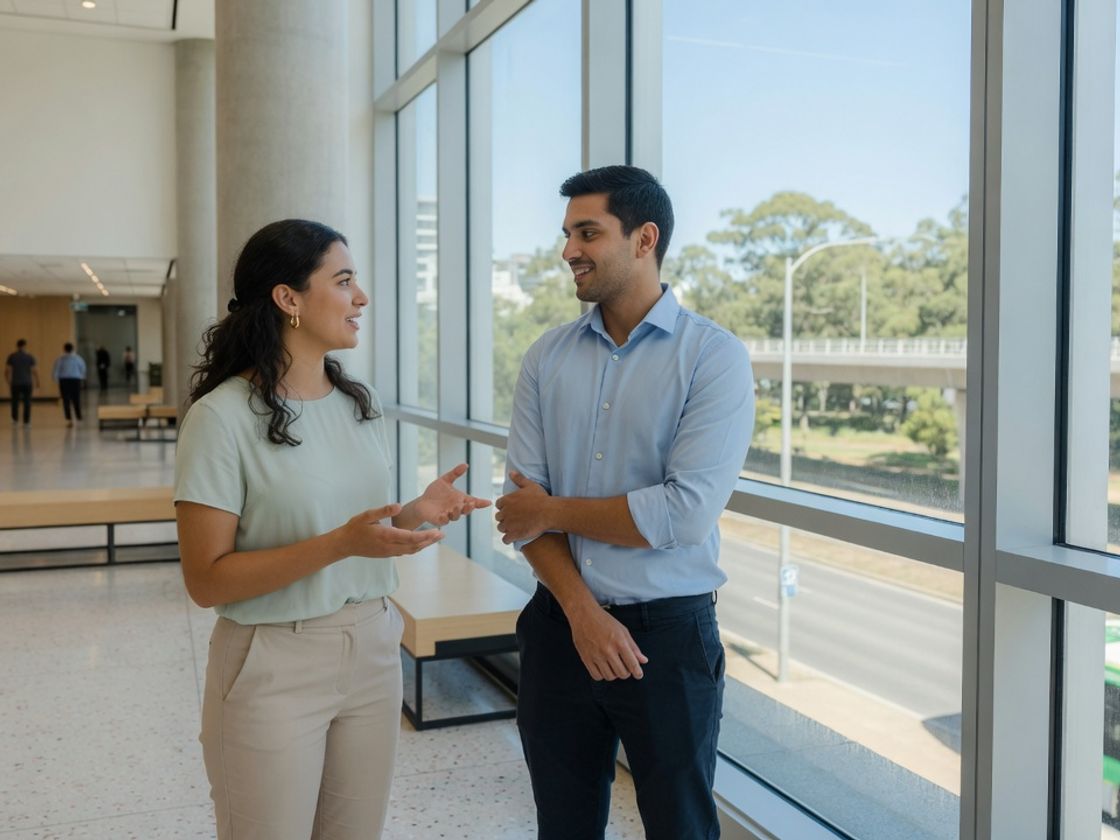 Two young adults talking in an office lobby, representing graduate programs in NSW, Queensland and South Australia