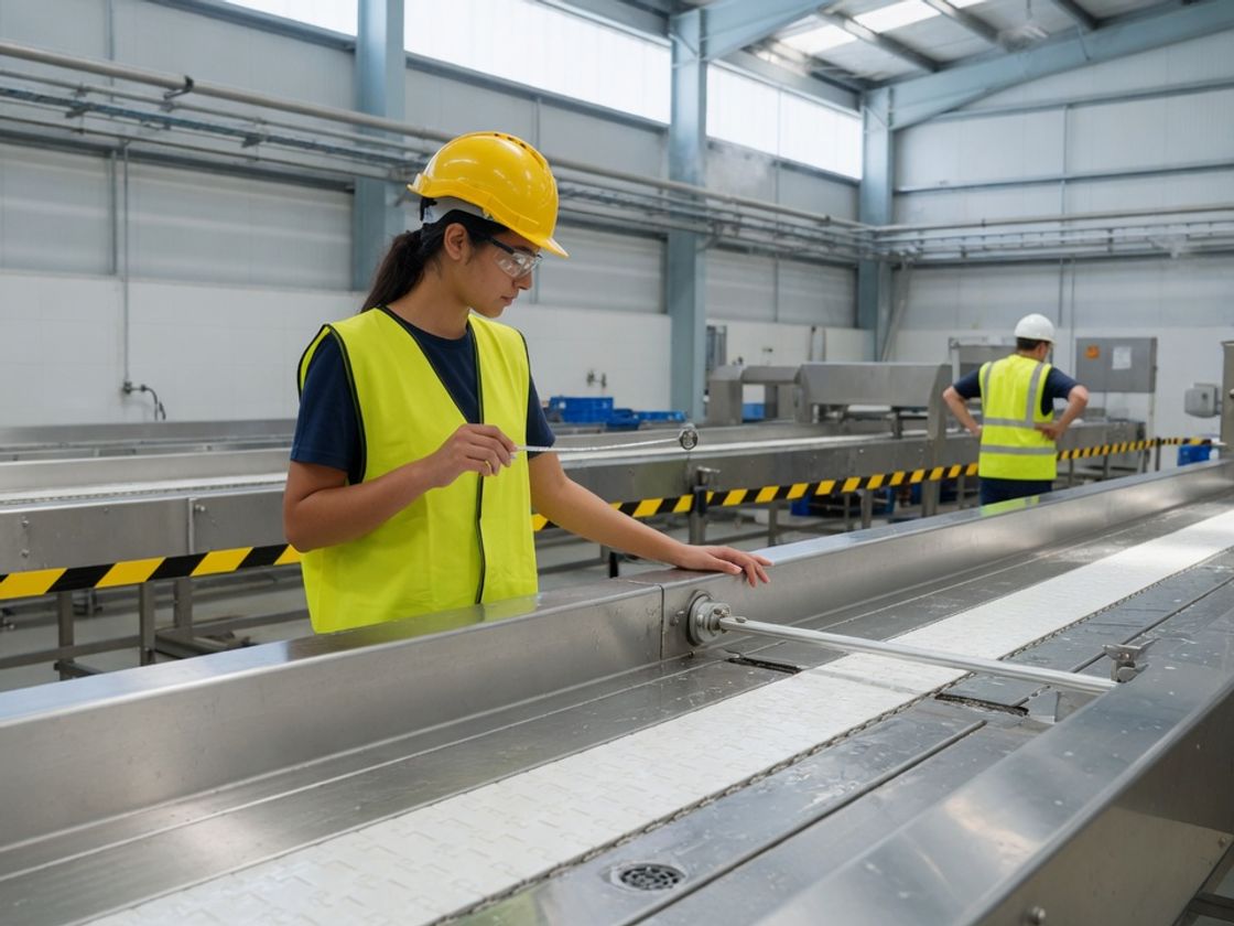 A young engineer inspecting a stainless steel conveyor in a food plant, for FMCG engineering graduate programs