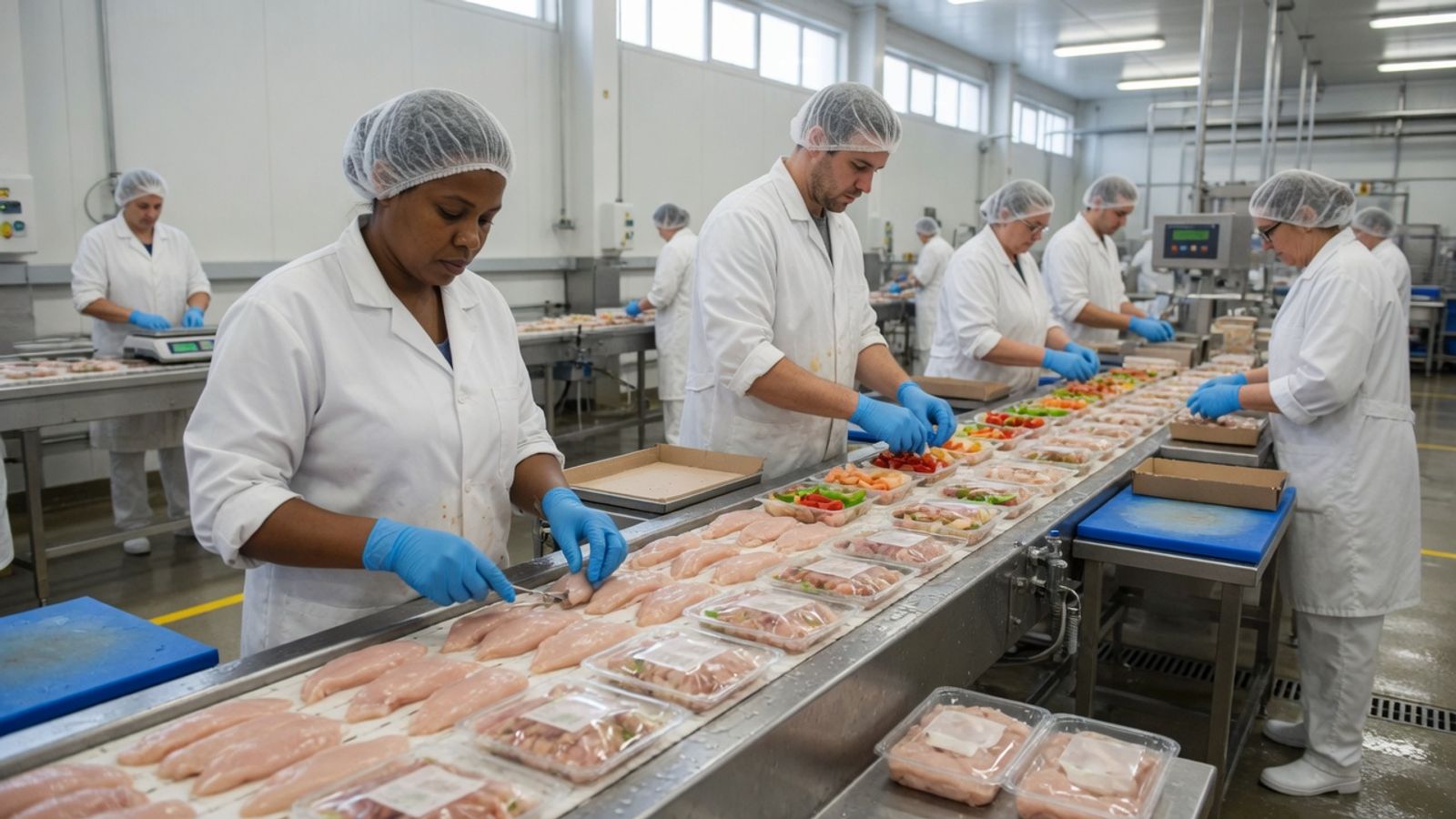 Food production casual staff on a hygienic factory processing line