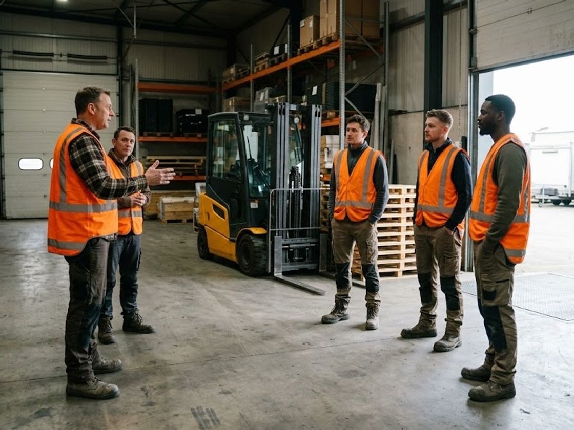 Warehouse supervisor meeting a crew at shift start, checking shift coverage visibility before work begins