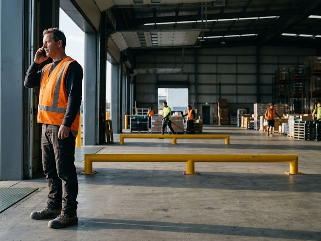 Warehouse supervisor phoning from a dock to handle shift replacement coordination after an absence