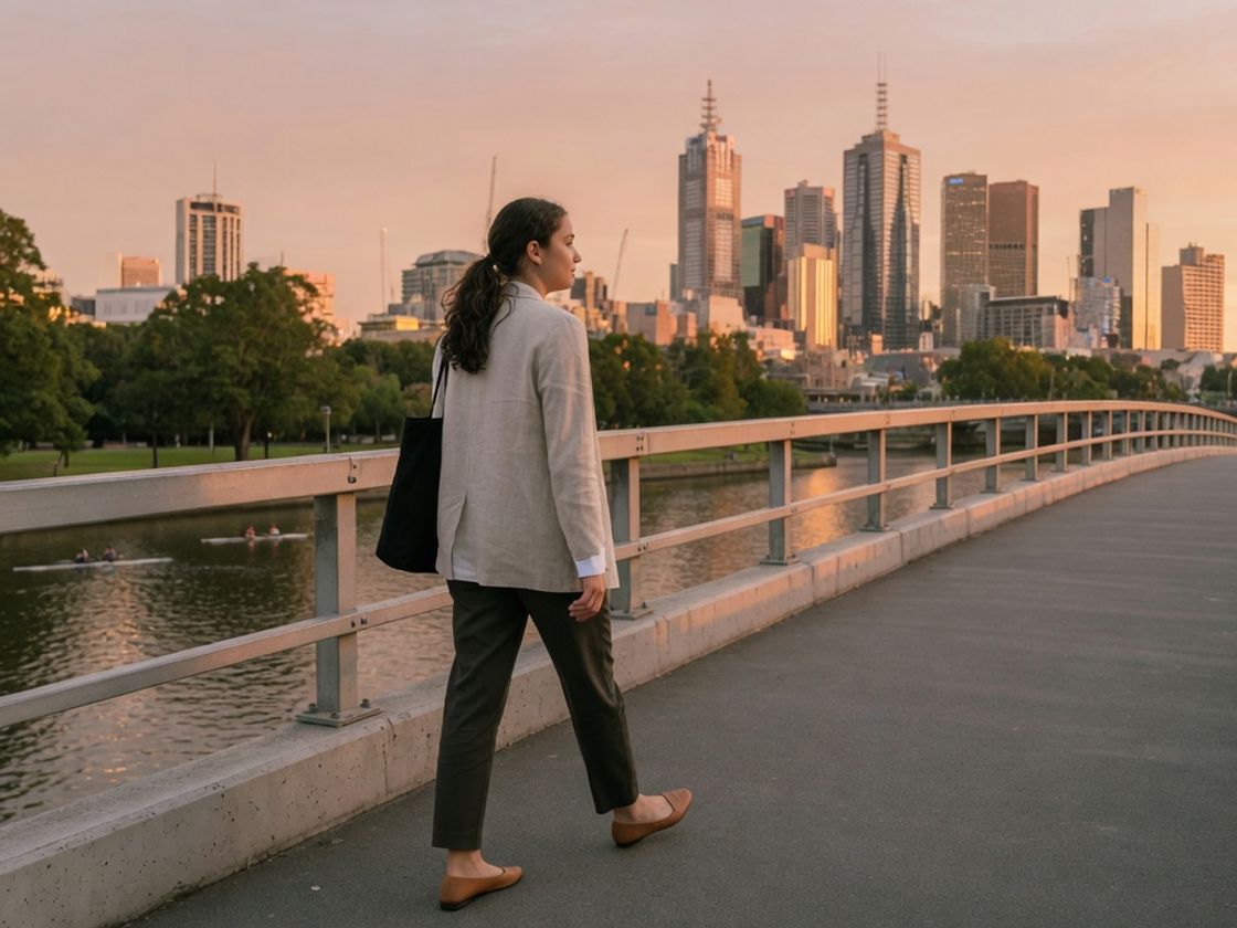 A young woman walking across a Yarra River footbridge in Melbourne, for graduate programs in Victoria