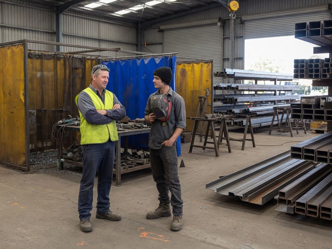 Supervisor and tradesperson in a Melbourne metal workshop, a face to face step before you verify trade qualifications