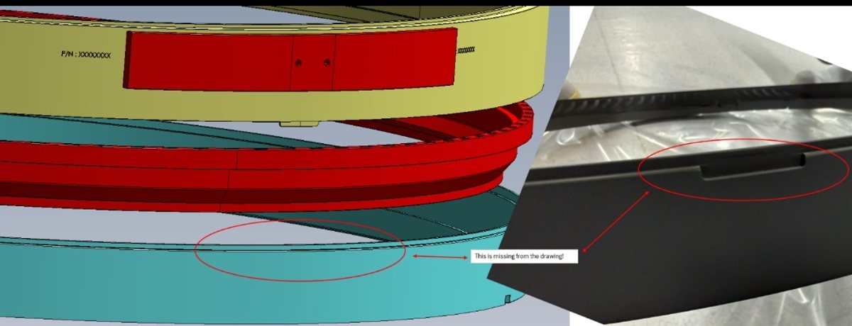 CAD comparison highlighting differences between scanned geometry and an available drawing
