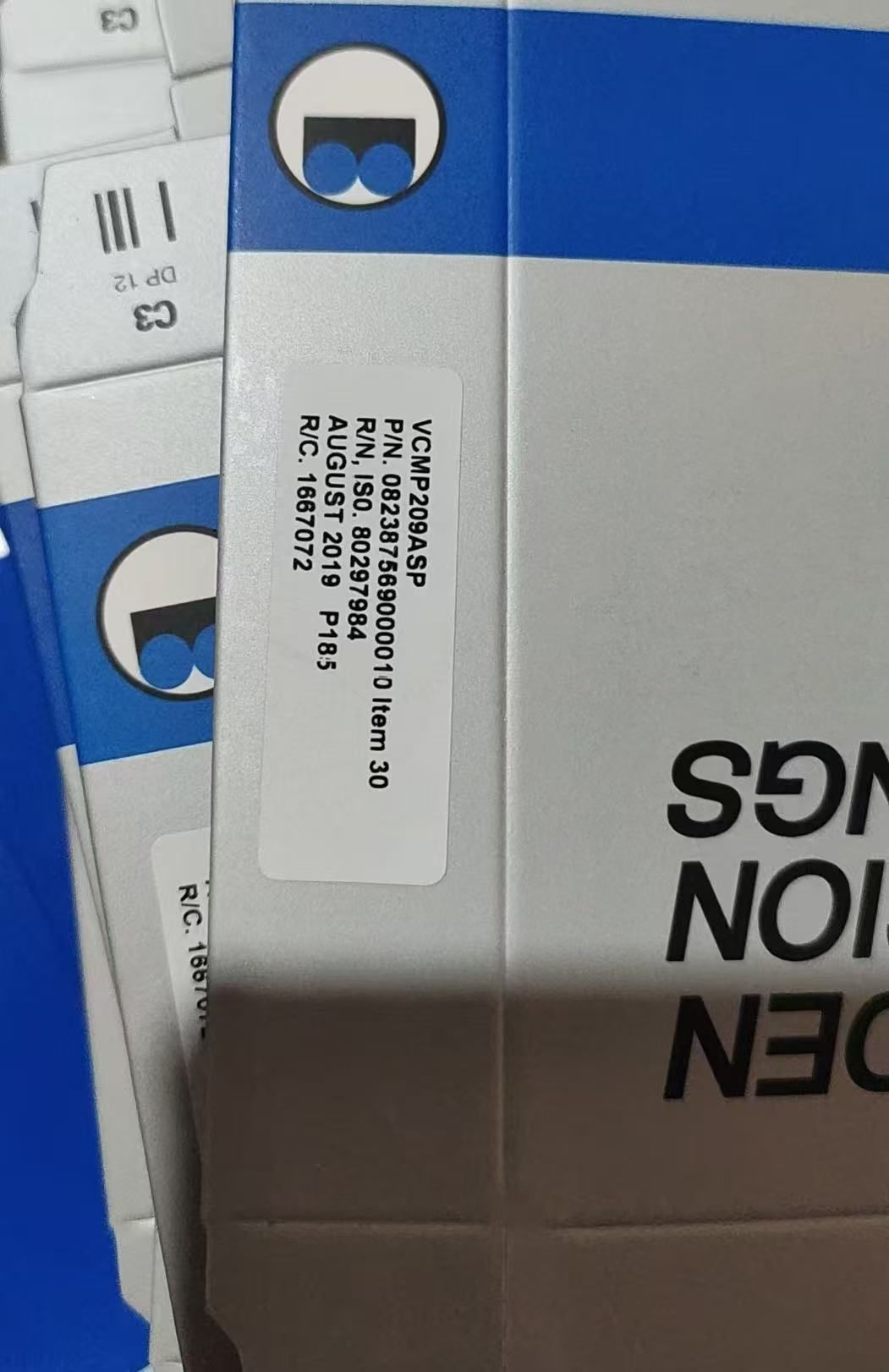 VCMP209ASP package label with part and ISO reference numbers