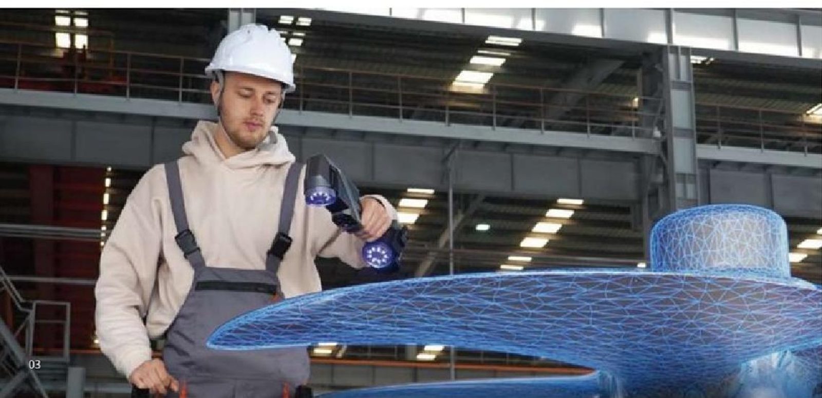 Technician using a handheld 3D scanner on a large industrial component