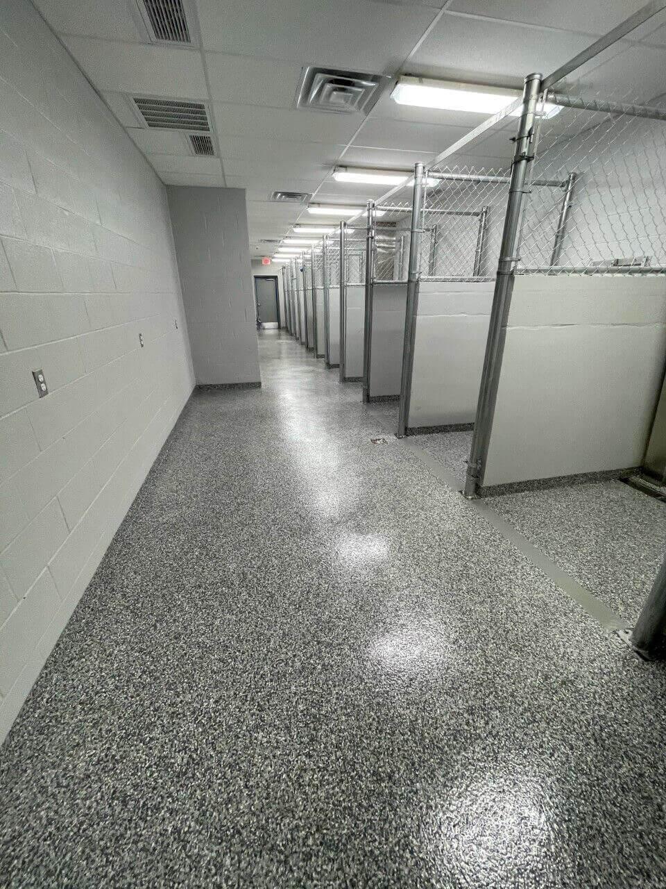 Speckled flake epoxy floor in a veterinary clinic hallway with kennels
