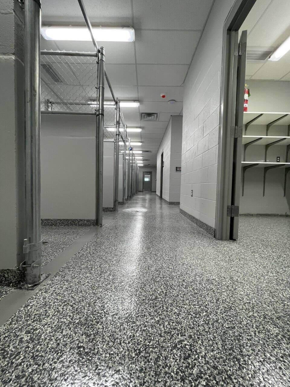 Speckled flake epoxy floor in a veterinary clinic hallway
