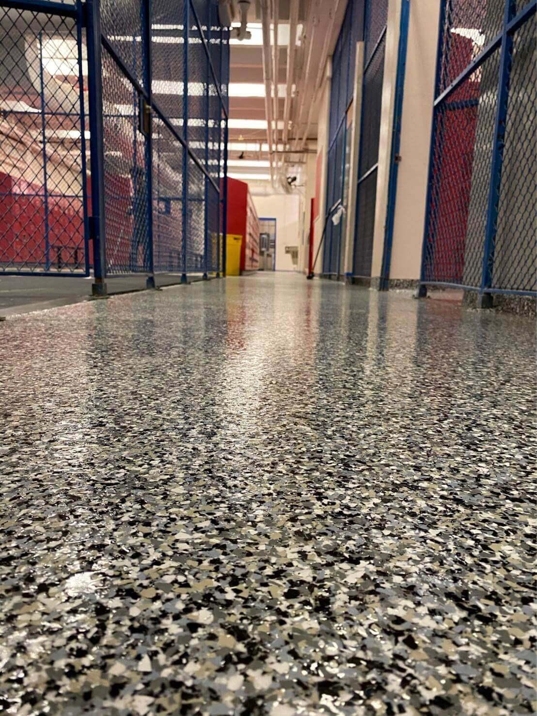 Speckled flake epoxy floor in a secured storage area