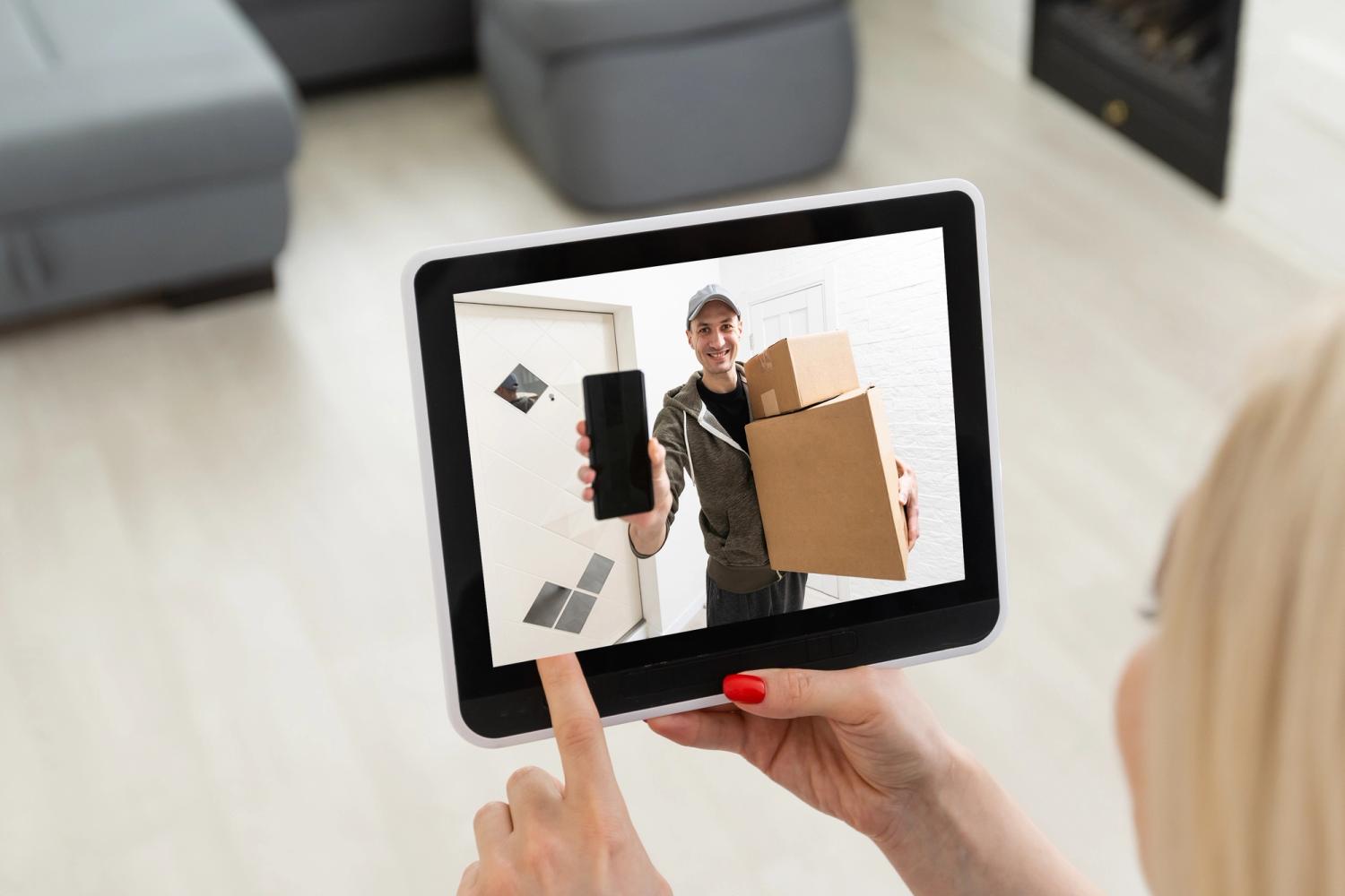 Delivery man at video doorbell on ipad