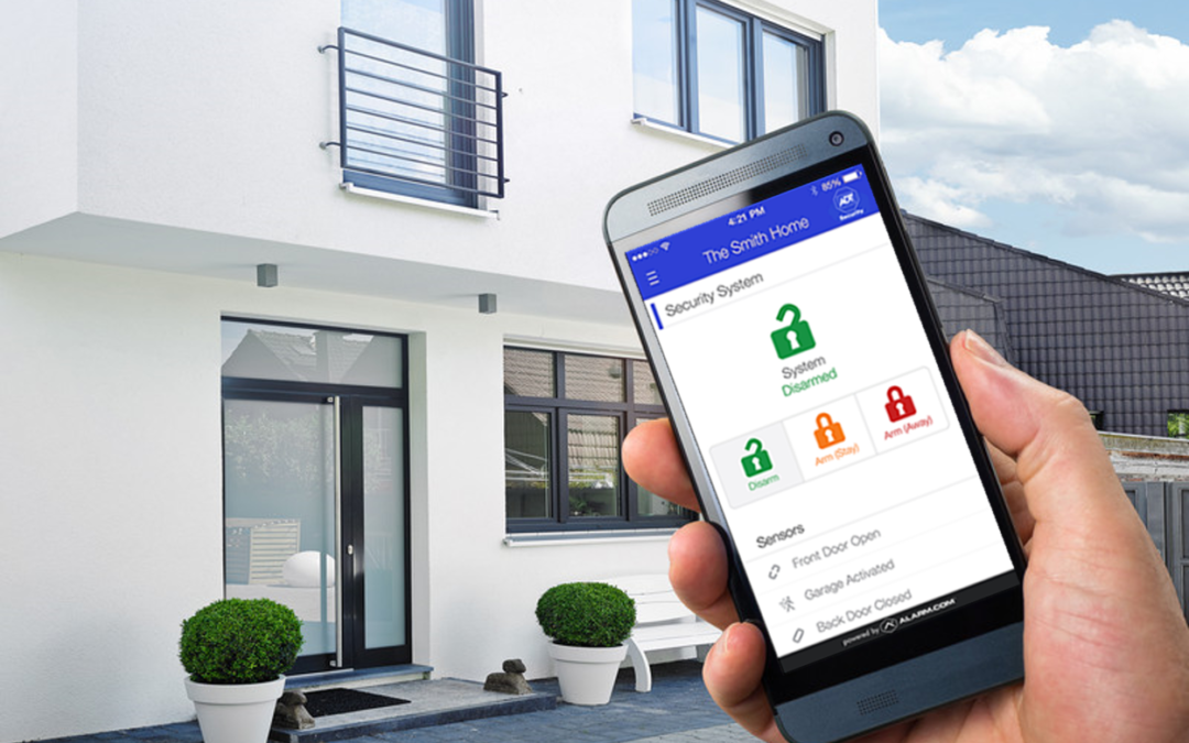 A house in the background and a close-up of a phone showing the security app