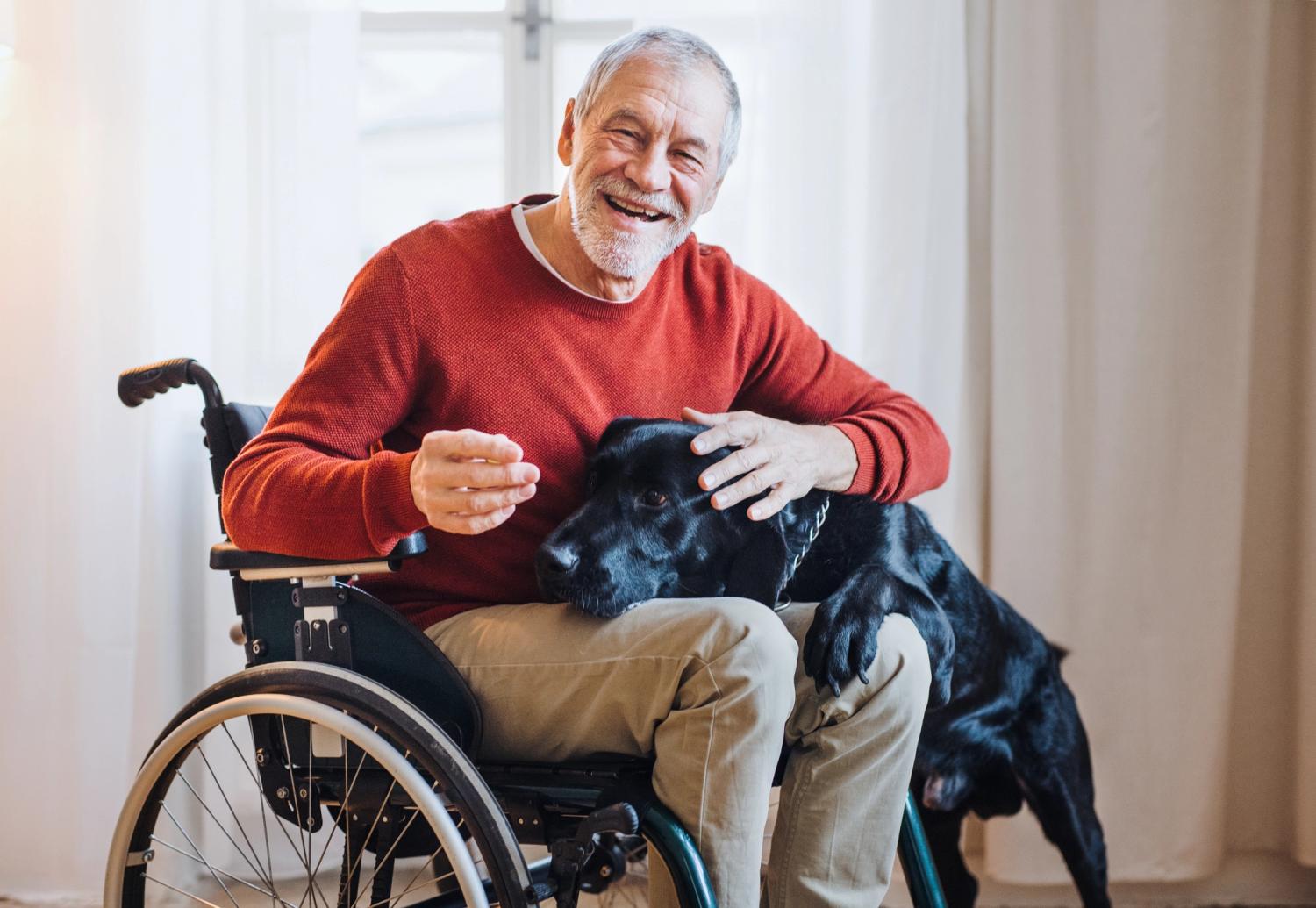 older man in wheelchair smiling with dog