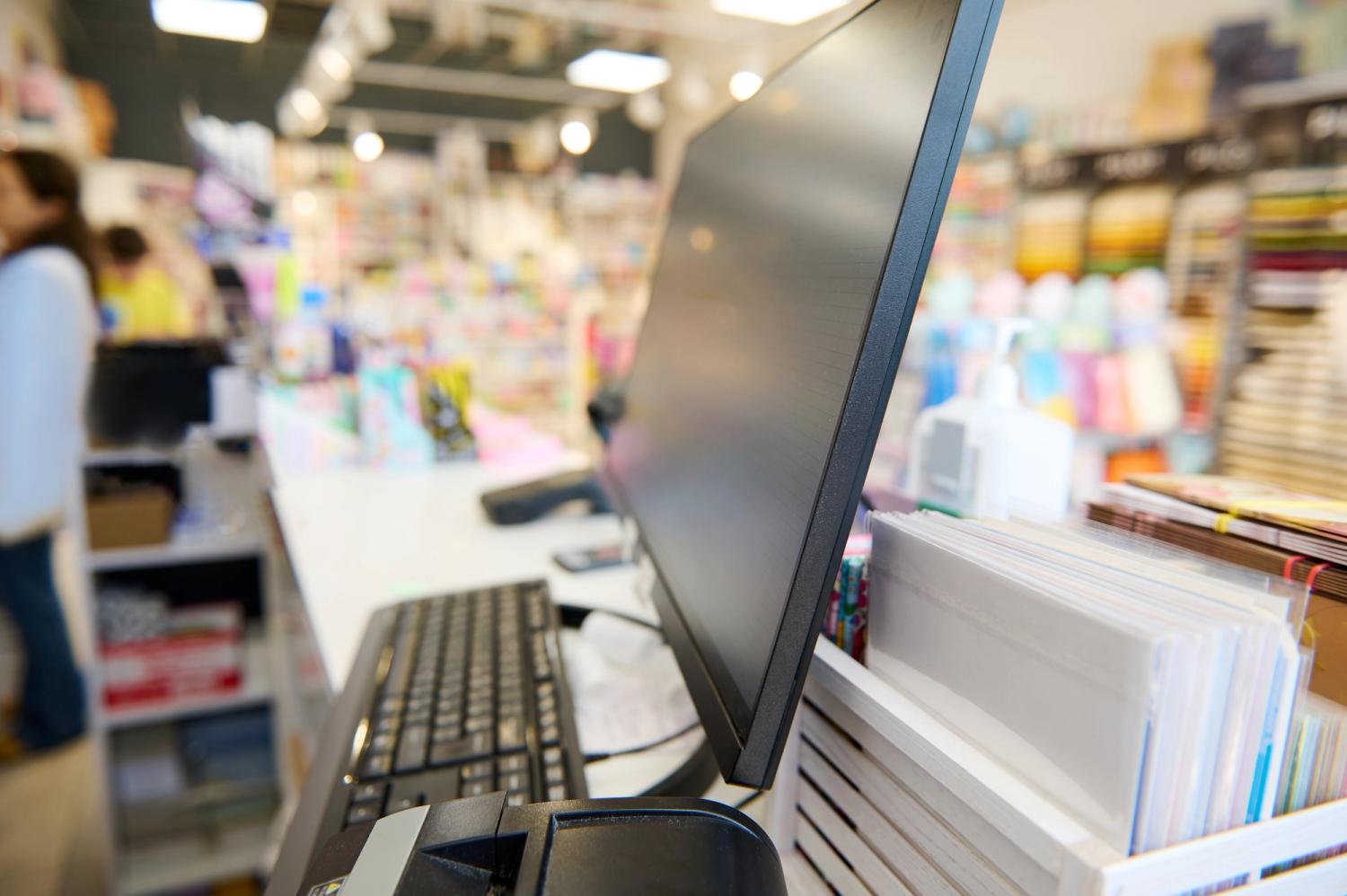 side-view of a computer in a retail store