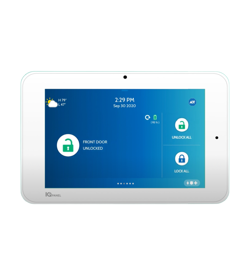 Transparent home alarm system displaying door lock status.