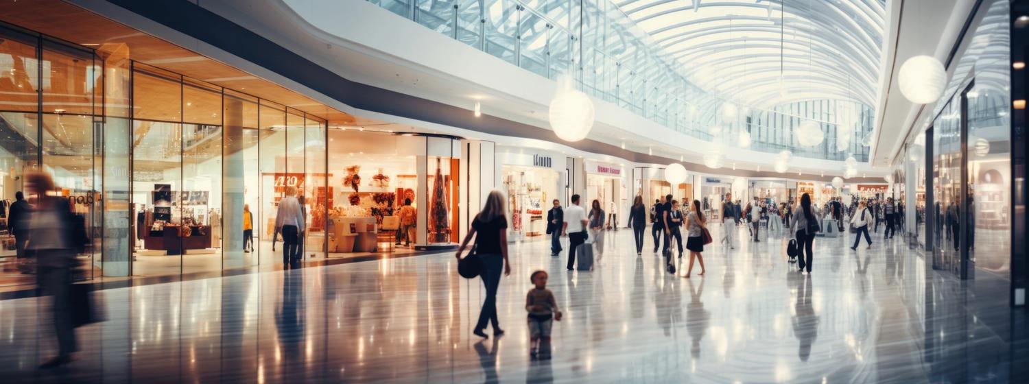 a smiling family in a supermarket with a trolley full of groceries