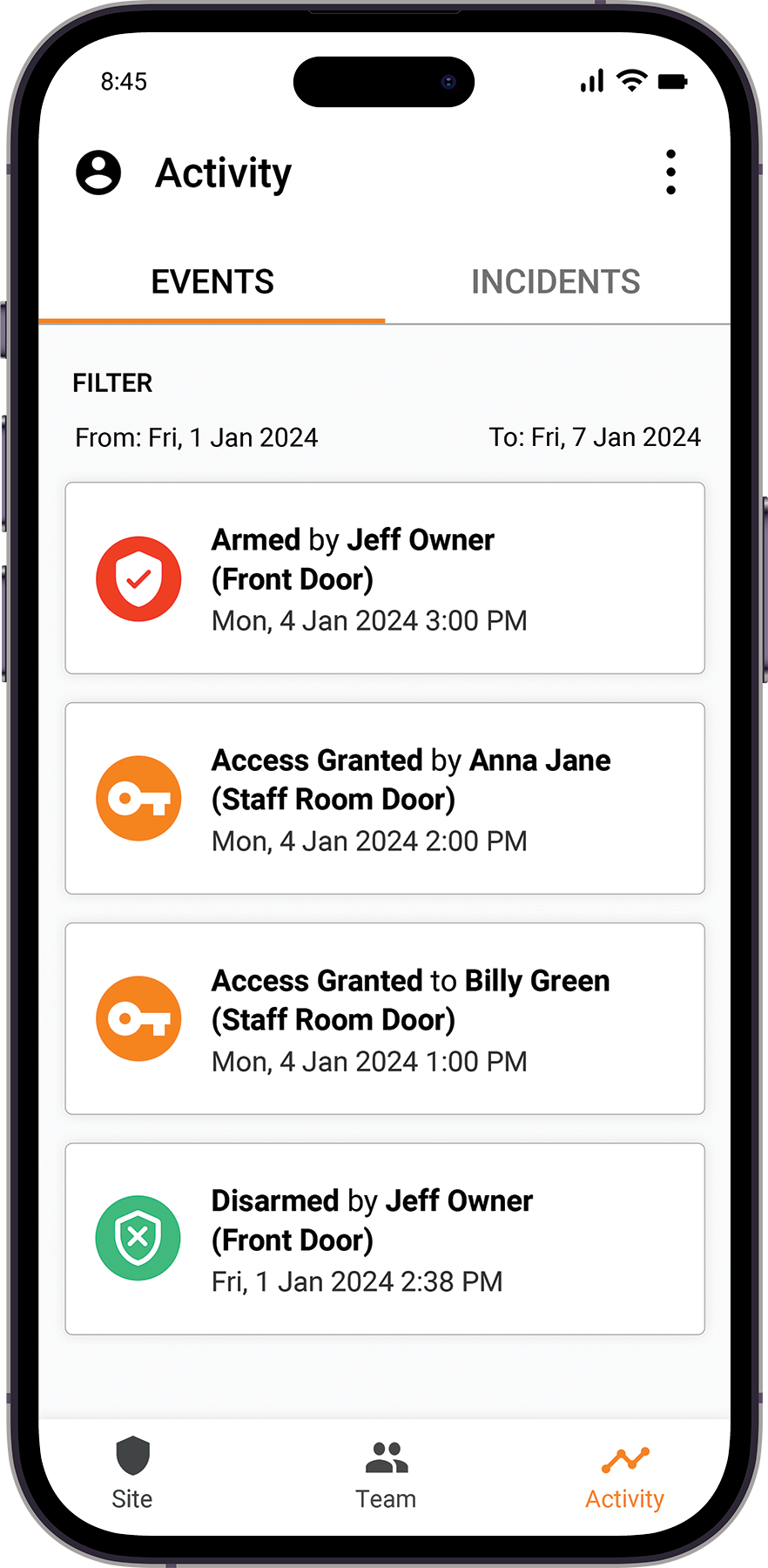 ADT App dashboard of event activity log