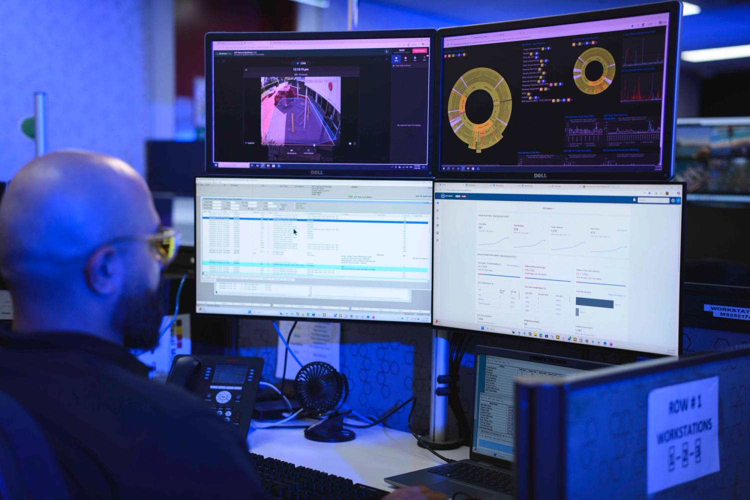 Security expert monitoring the premises via video monitoring cameras.
