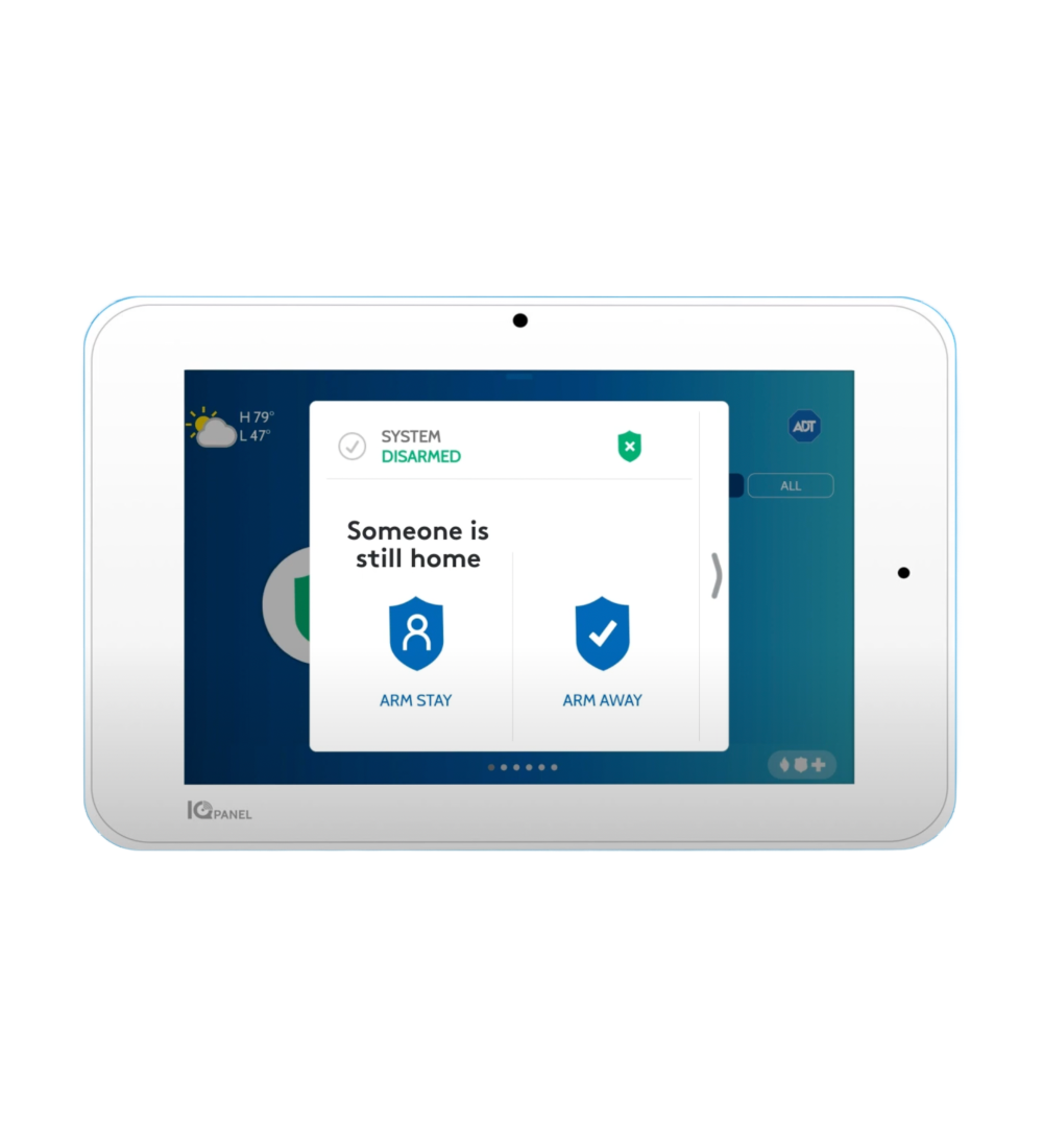 Transparent home alarm system displaying arming options.