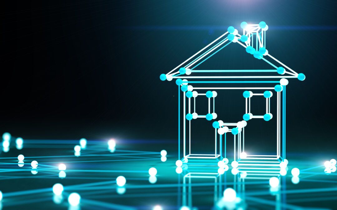 A lighted up 3D diagram of a modern smart home