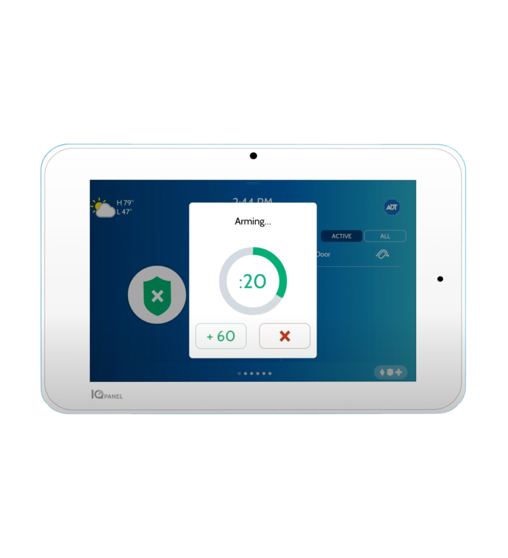 Transparent home alarm system displaying arming countdown.