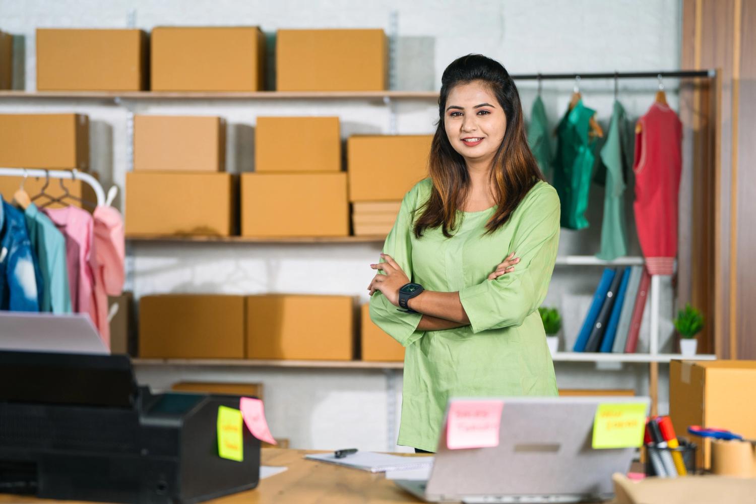 Lady in a green dress at her table while clothes and boxes are stocked behind her