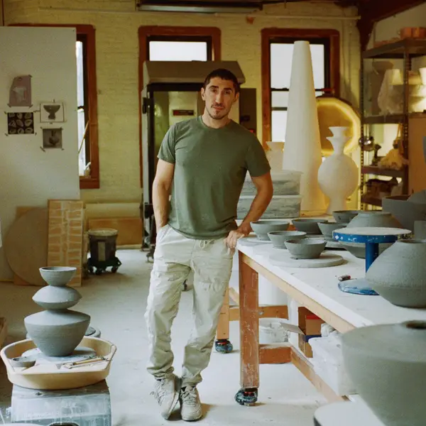 Danny Kaplan standing in his Brooklyn ceramics studio