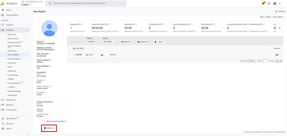 procedura rimozione client-ID Google Universal Analytics bottone cancellazione utente