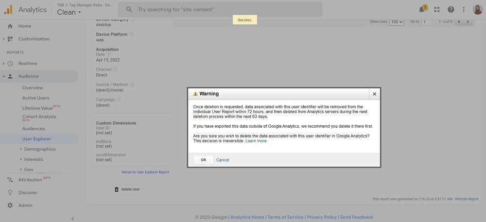 procedura rimozione client-ID Google Universal Analytics conferma cancellazione utente