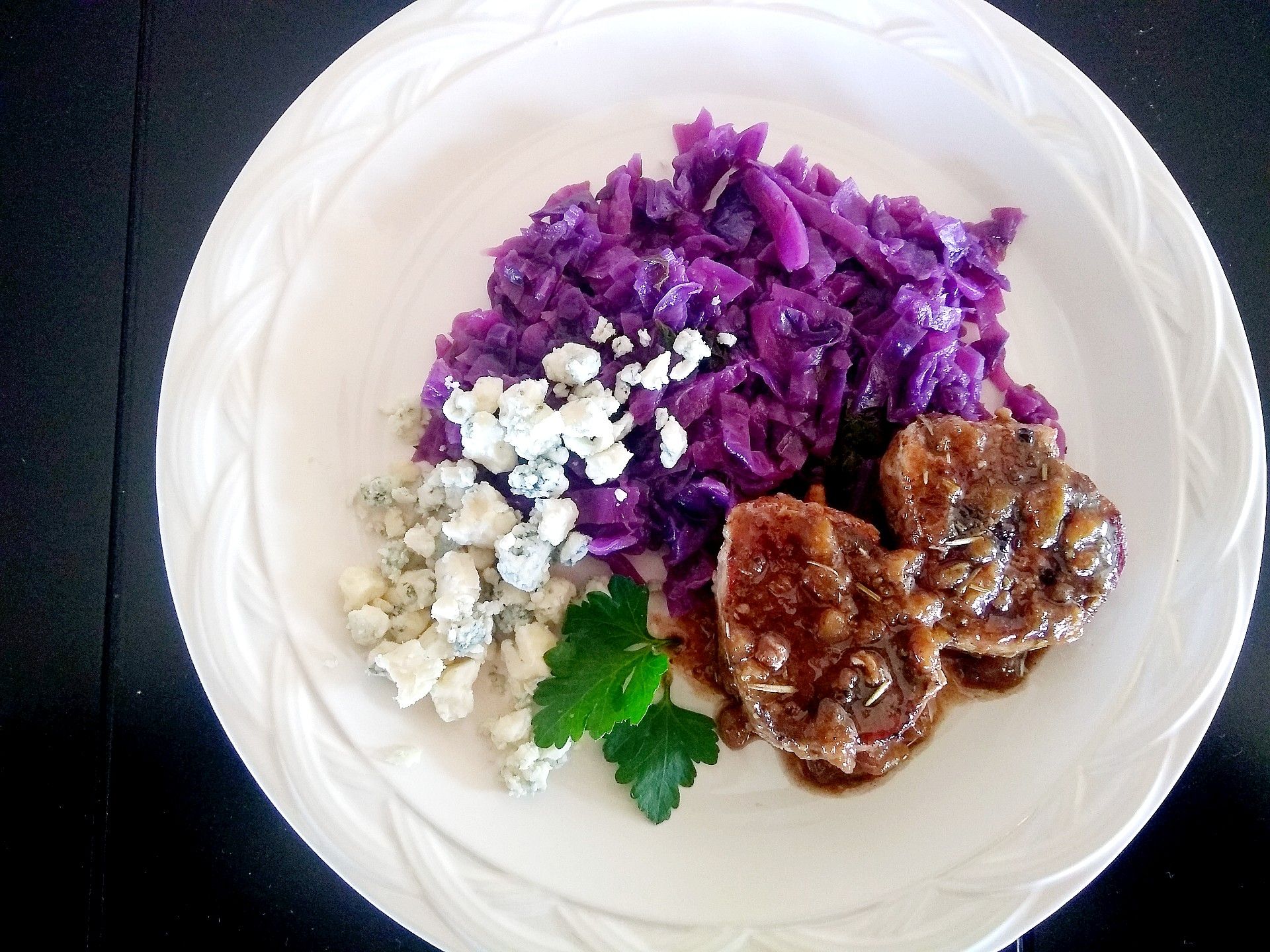 Pork Medallions, Braised Cabbage, and Pear Lager Sauce