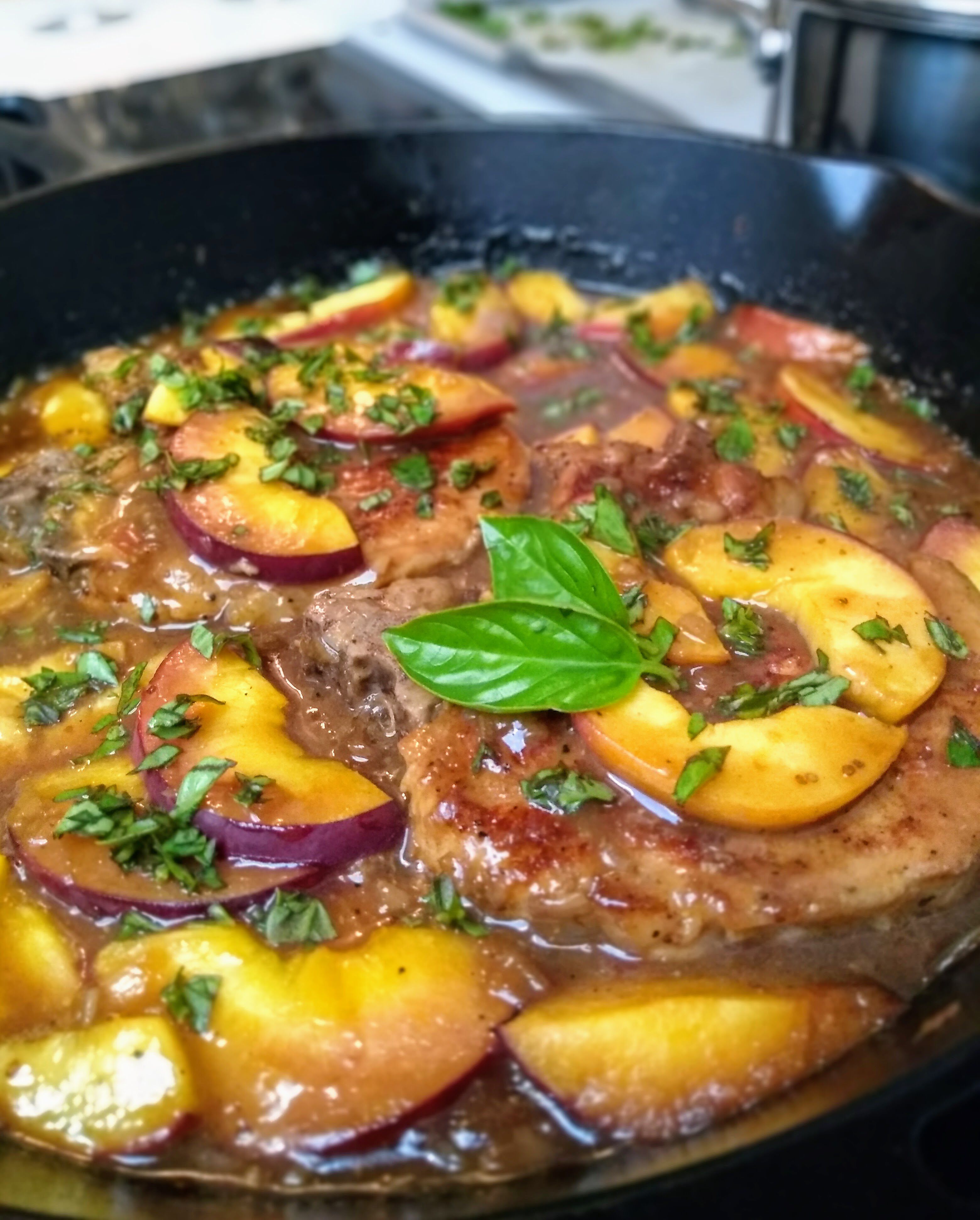 Braised Pork Chops with Peach and Basil
