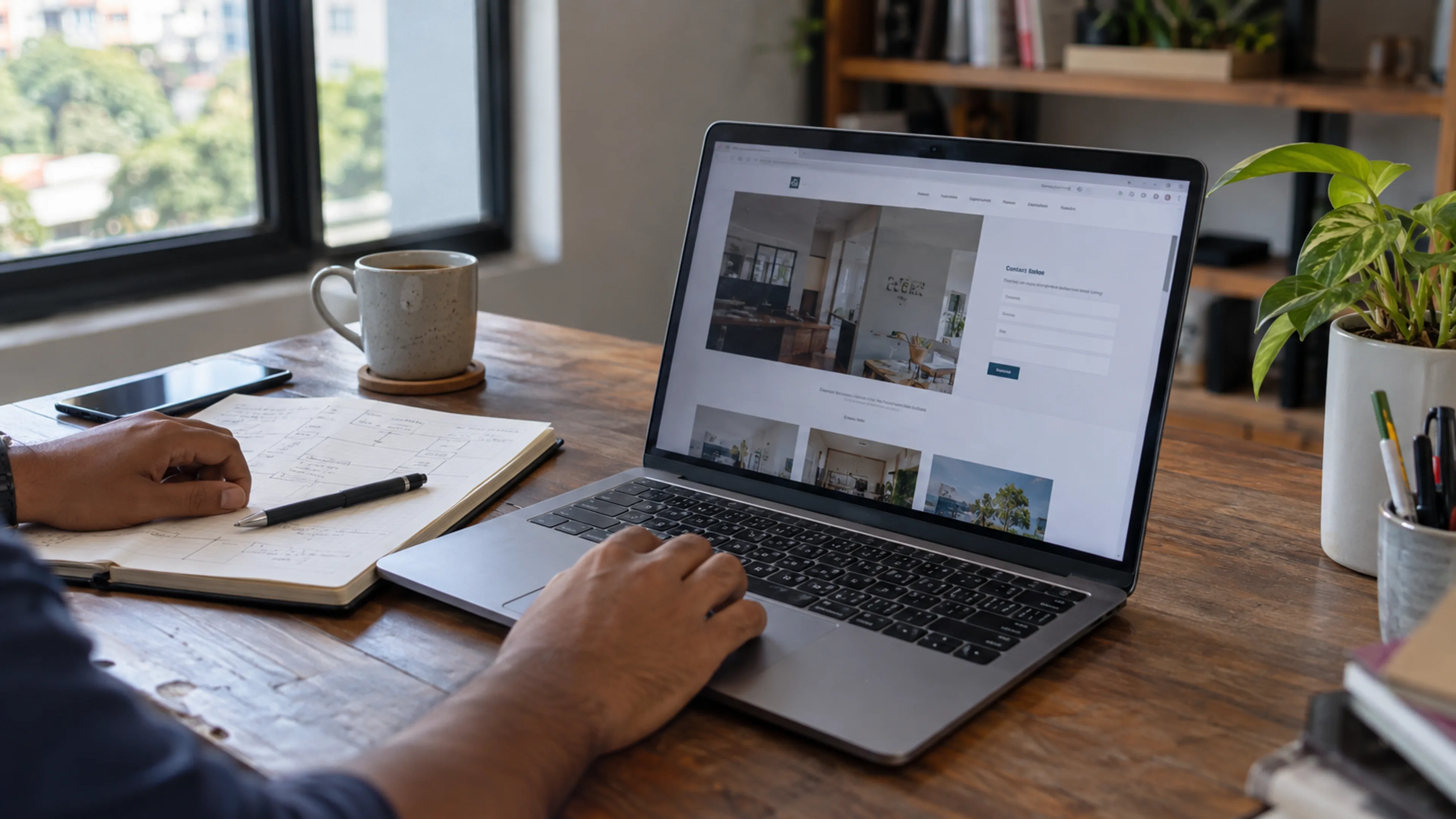 A business owner reviews a website contact page while taking notes.