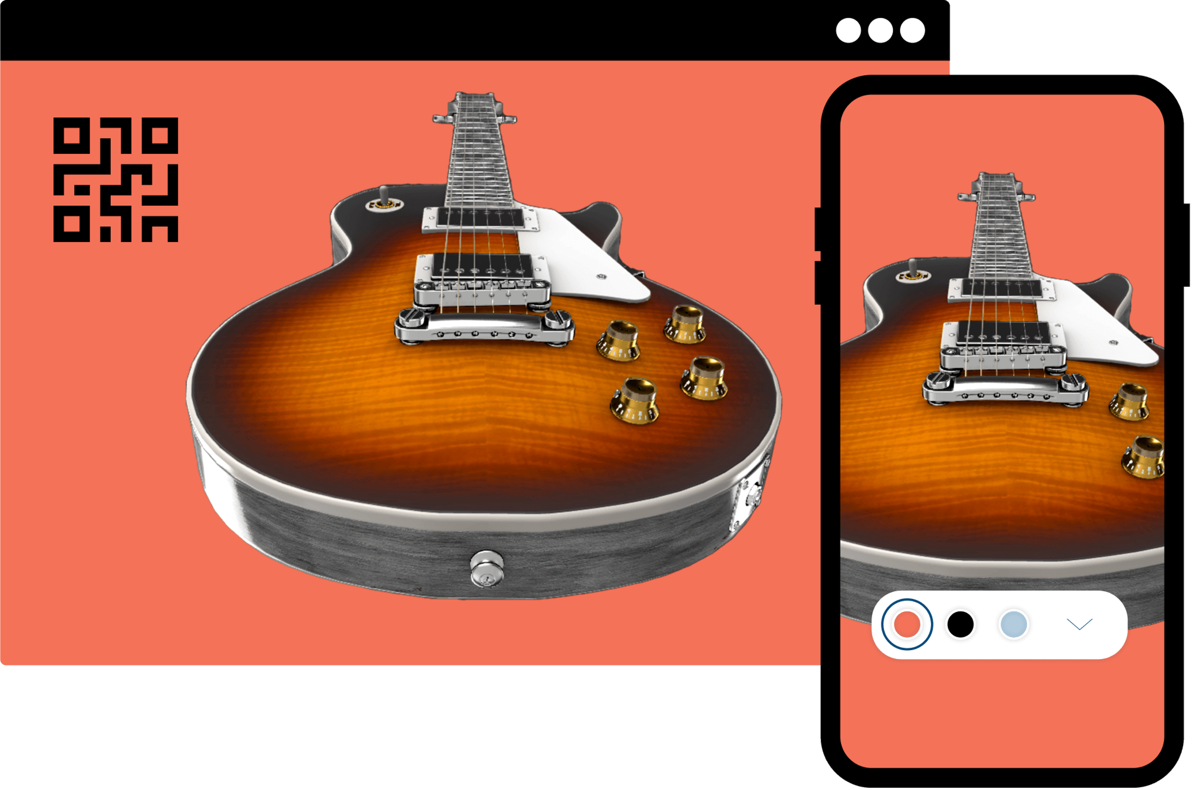 A QR code with a guitar render, overlaid on desktop and mobile