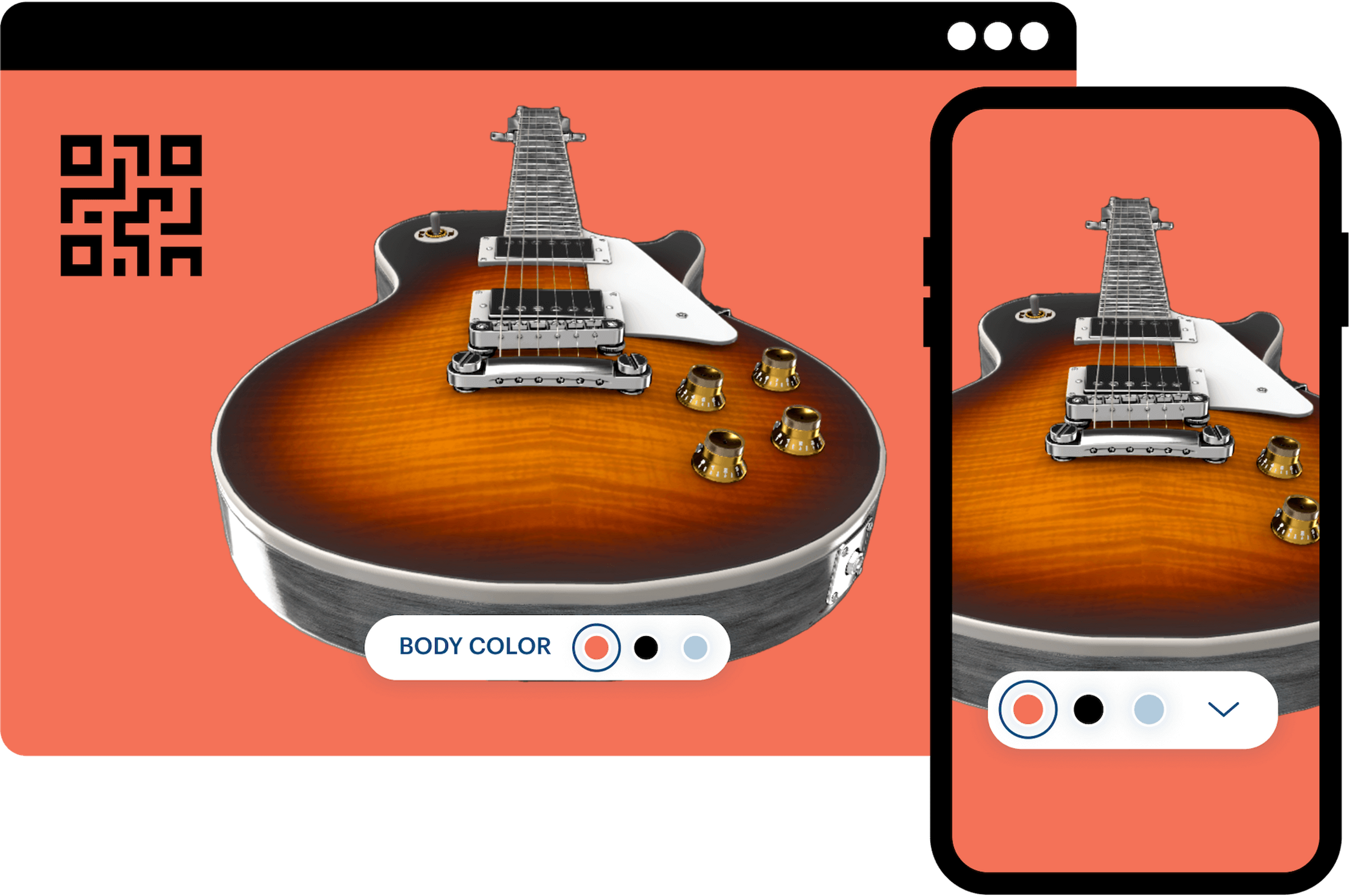 A guitar image on desktop and mobile, with a QR code in the top left.