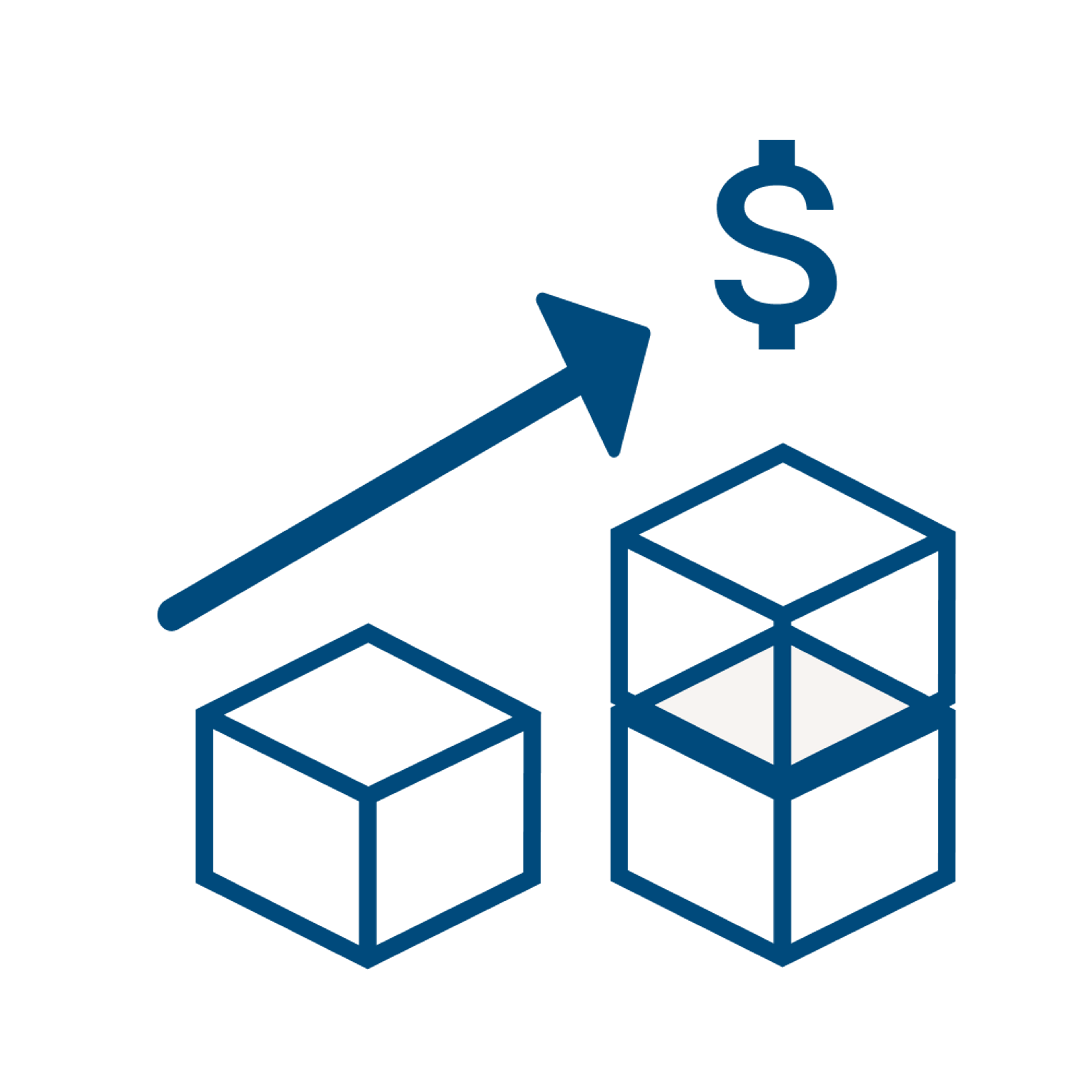 An icon depicting a dollar sign rising above 3D boxes