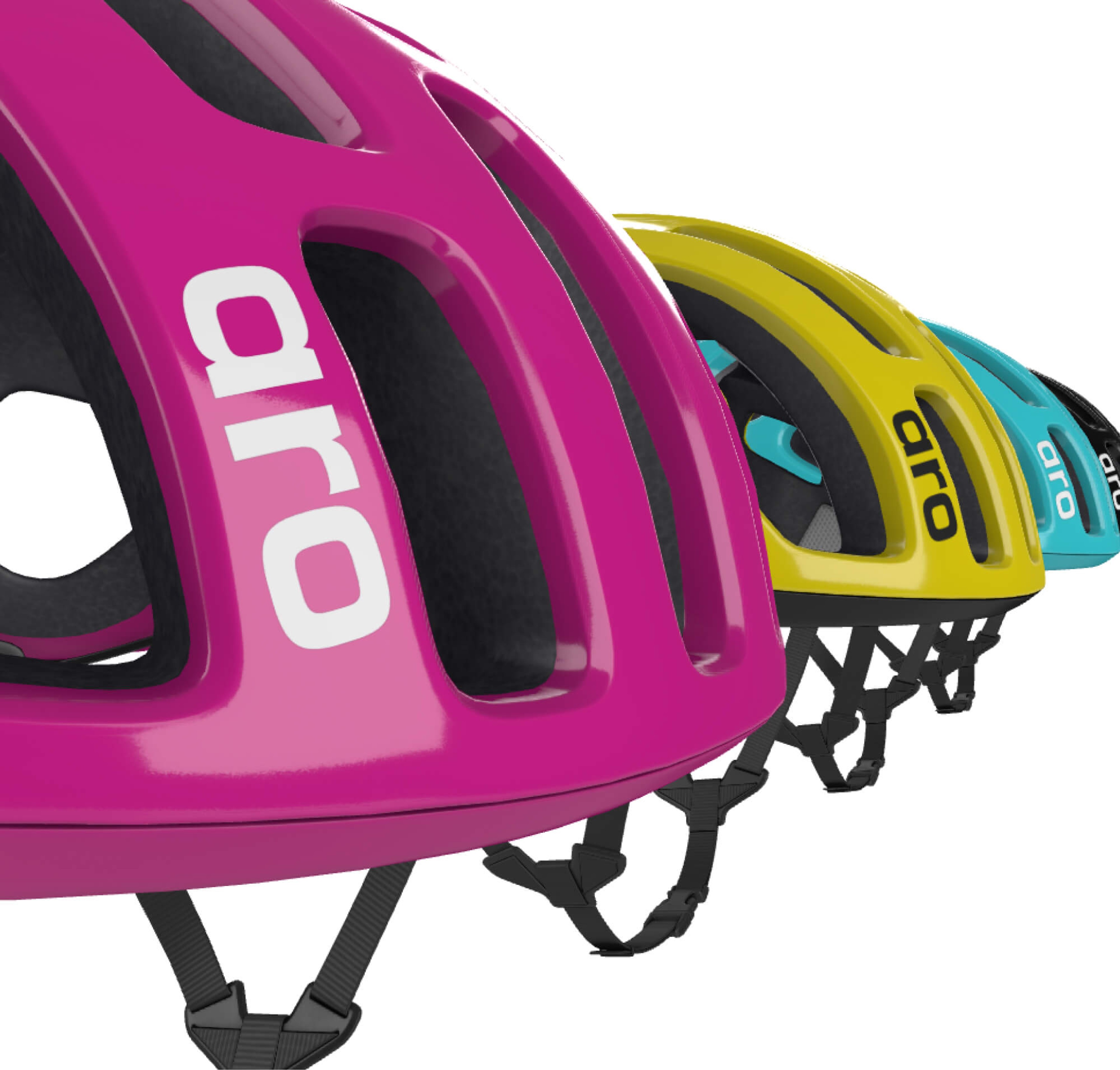 Four helmets in a row on a white background