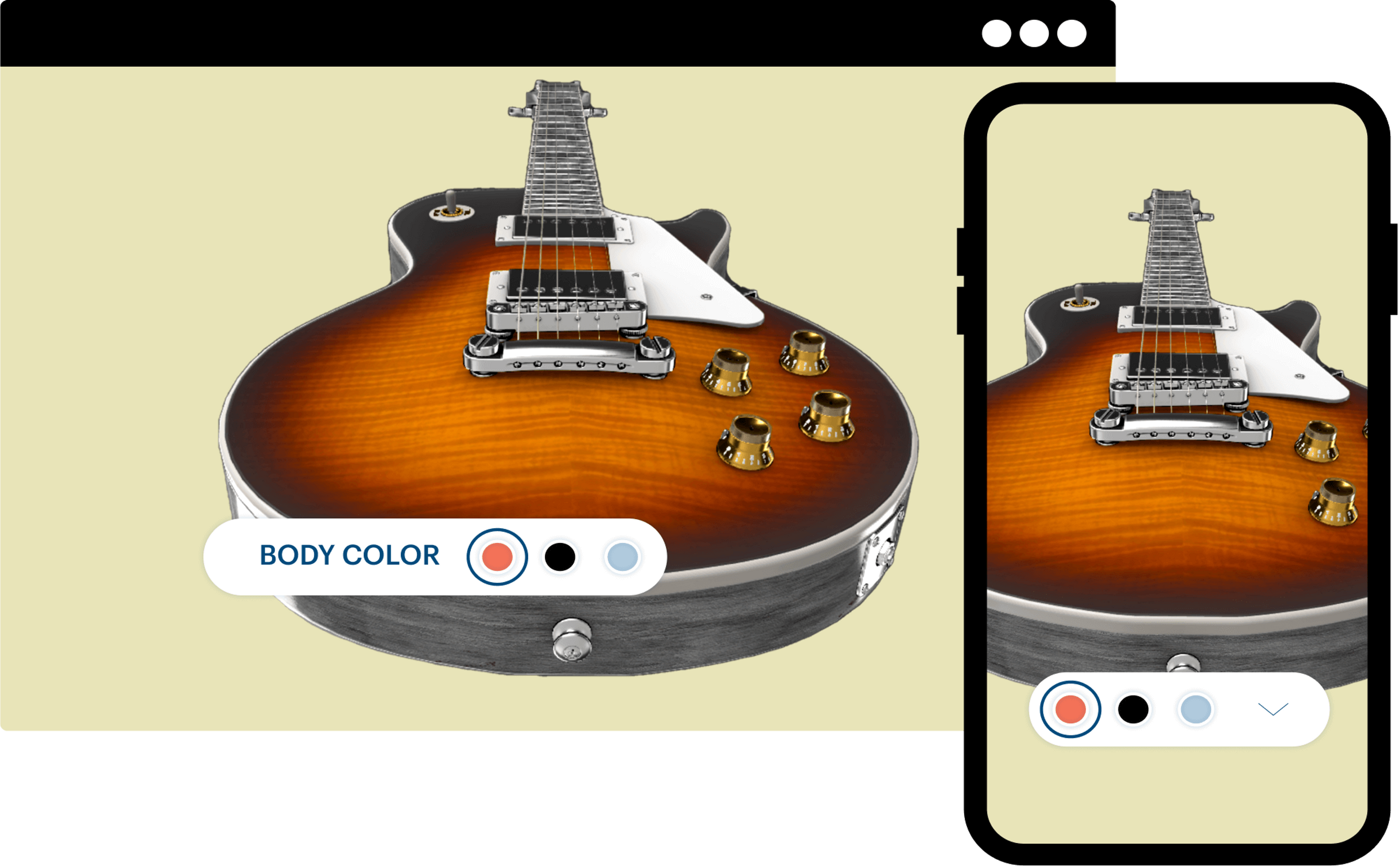 A guitar color selector overlaid on desktop and mobile