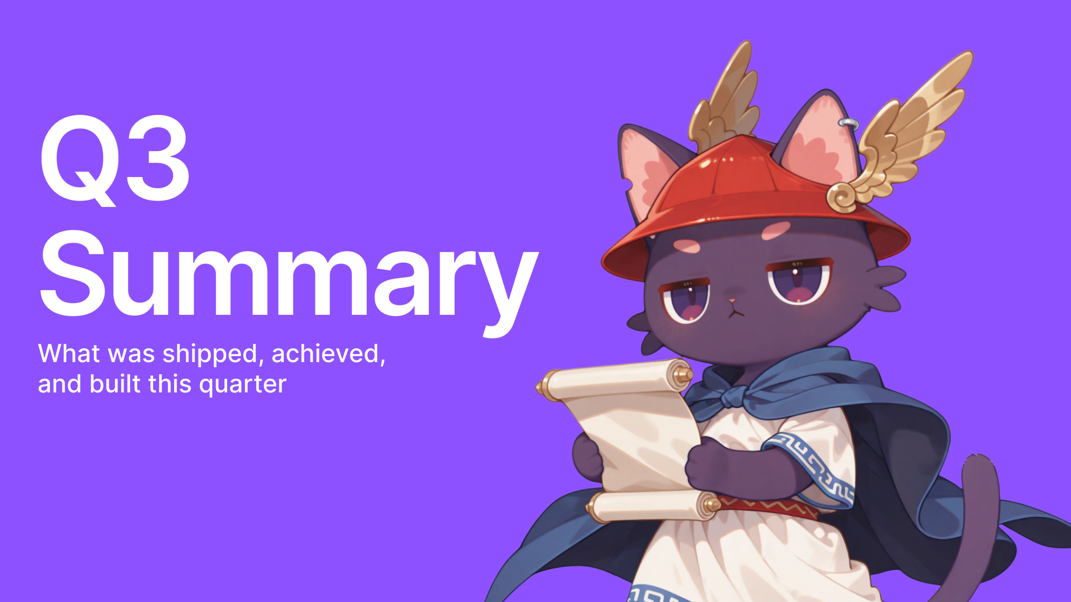 Q3 Summary cover: Elfa's cat mascot in a winged red helmet and blue cape, holding a scroll, on a purple background