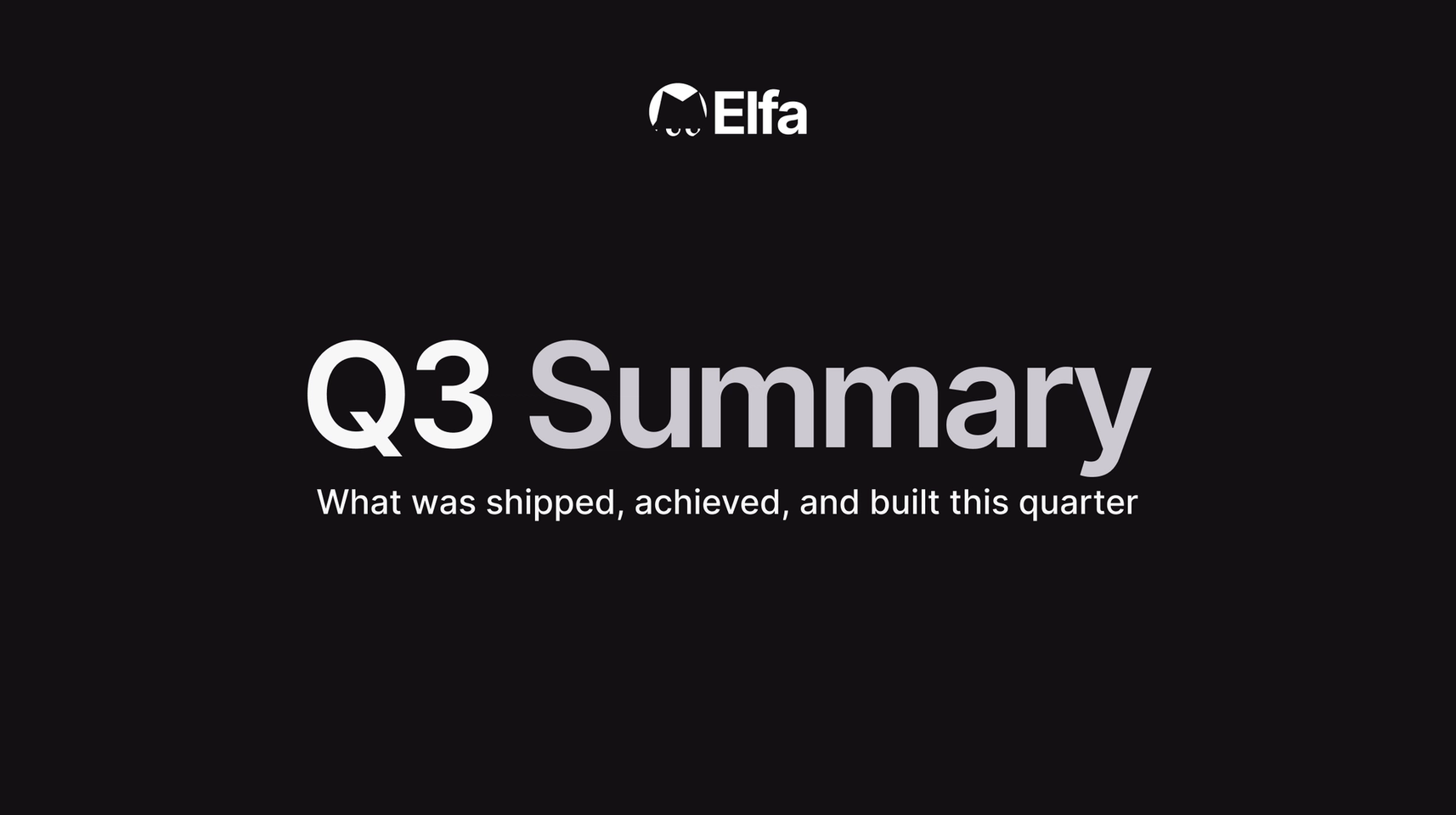 Q3 Summary cover: Elfa's cat mascot in a winged red helmet and blue cape, holding a scroll, on a purple background