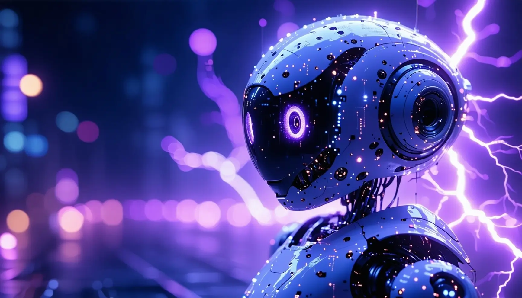 Close-up of a white and blue robot with glowing purple eyes, surrounded by purple lightning and a blurred city background.