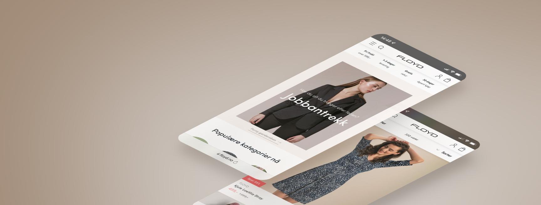 Floyd fashion webshop on two smartphones showing a workwear campaign hero, popular categories, and a dress product listing.
