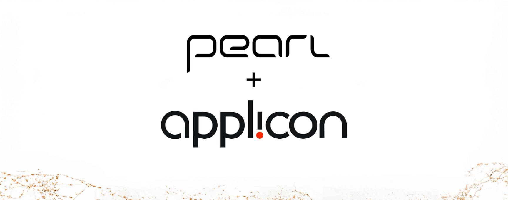 The black 'pearl' logo and 'applicon' logo separated by a plus sign, centered on a white background with gold lace.