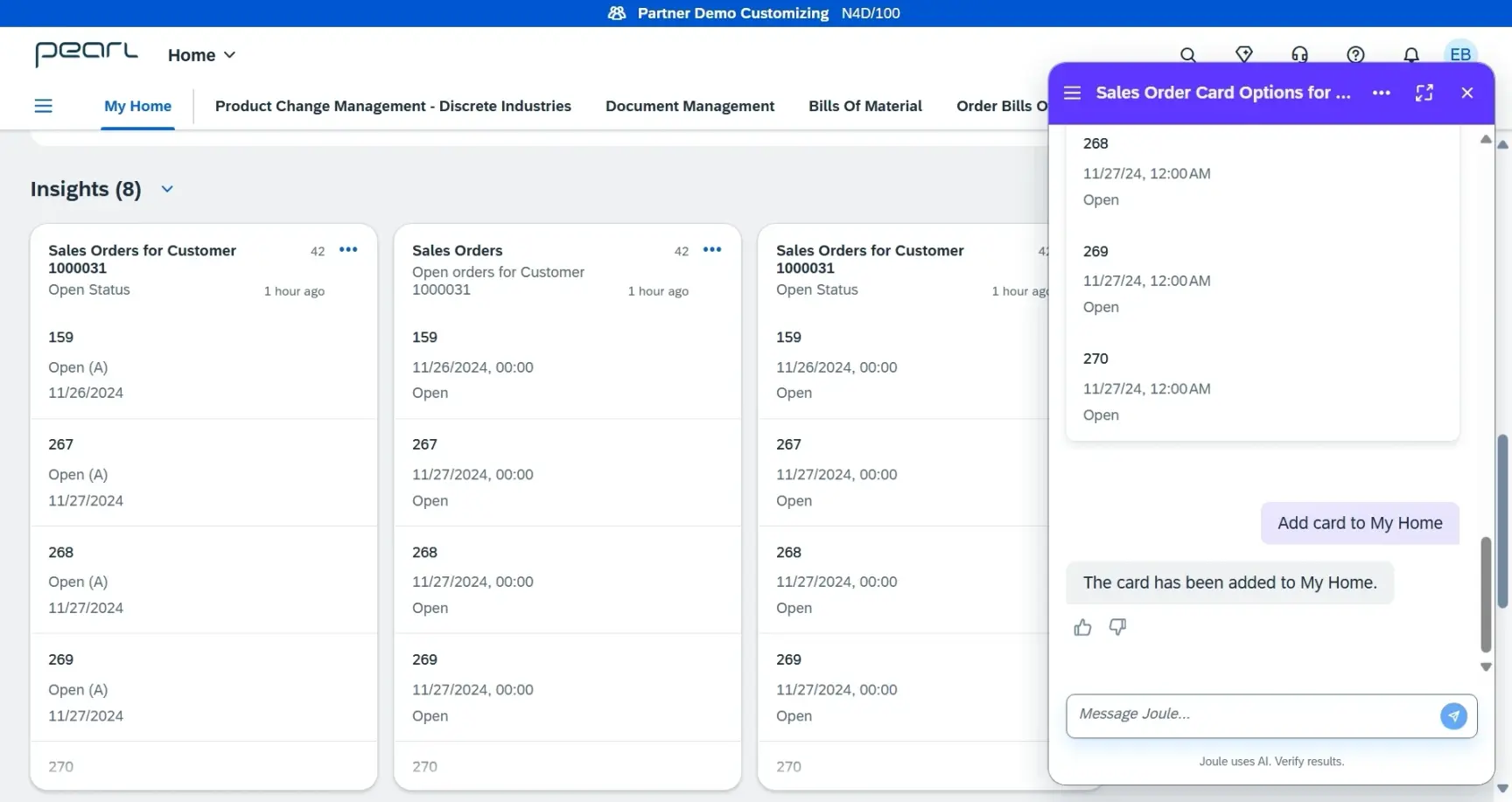 Pearl ERP dashboard showing sales order insights and a purple Joule AI chat window adding a card to My Home.