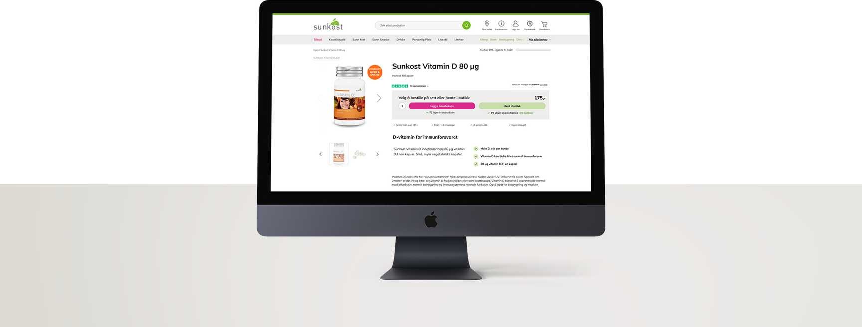 Sunkost webshop on an iMac displaying a Vitamin D supplement product page with add-to-cart and click-and-collect options.