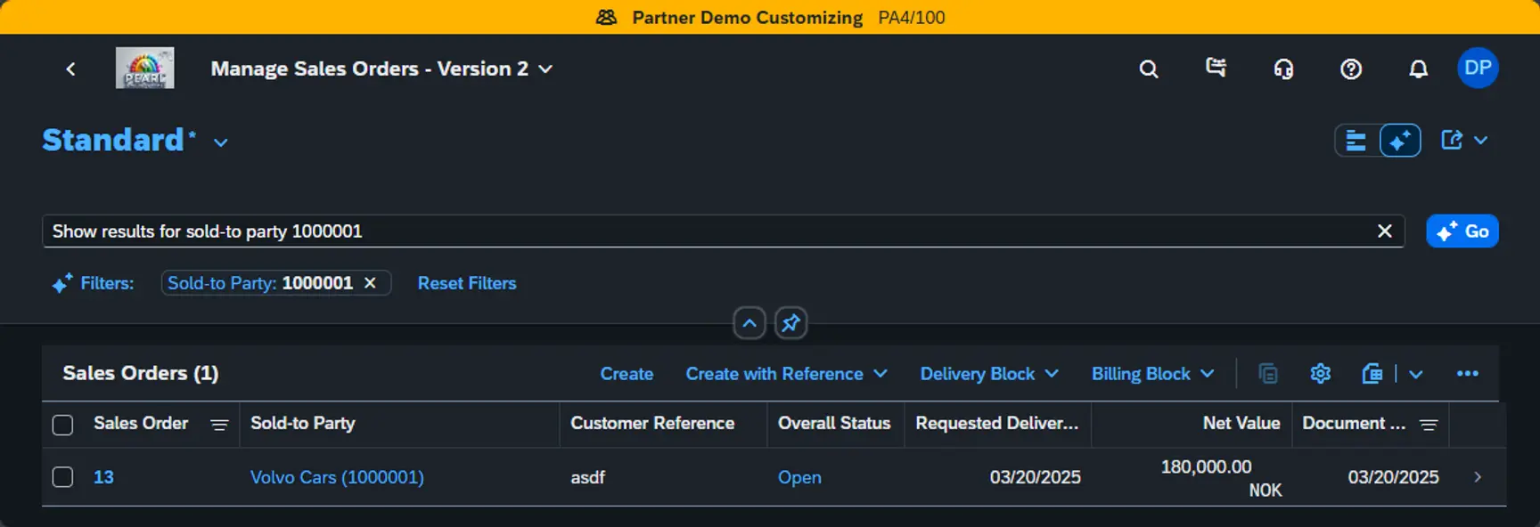 Manage Sales Orders interface in Pearl ERP showing a filtered search result for a single open order for Volvo Cars.