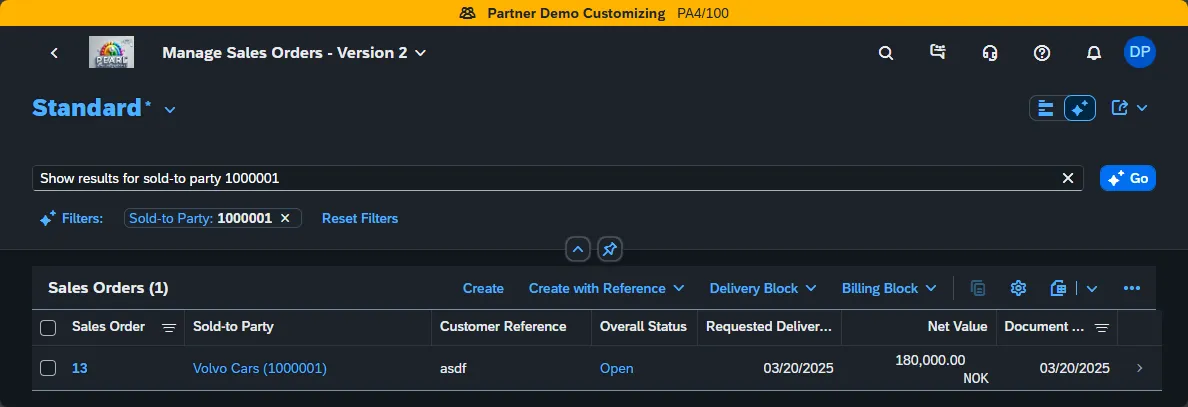 Manage Sales Orders interface in Pearl ERP showing a filtered search result for a single open order for Volvo Cars.