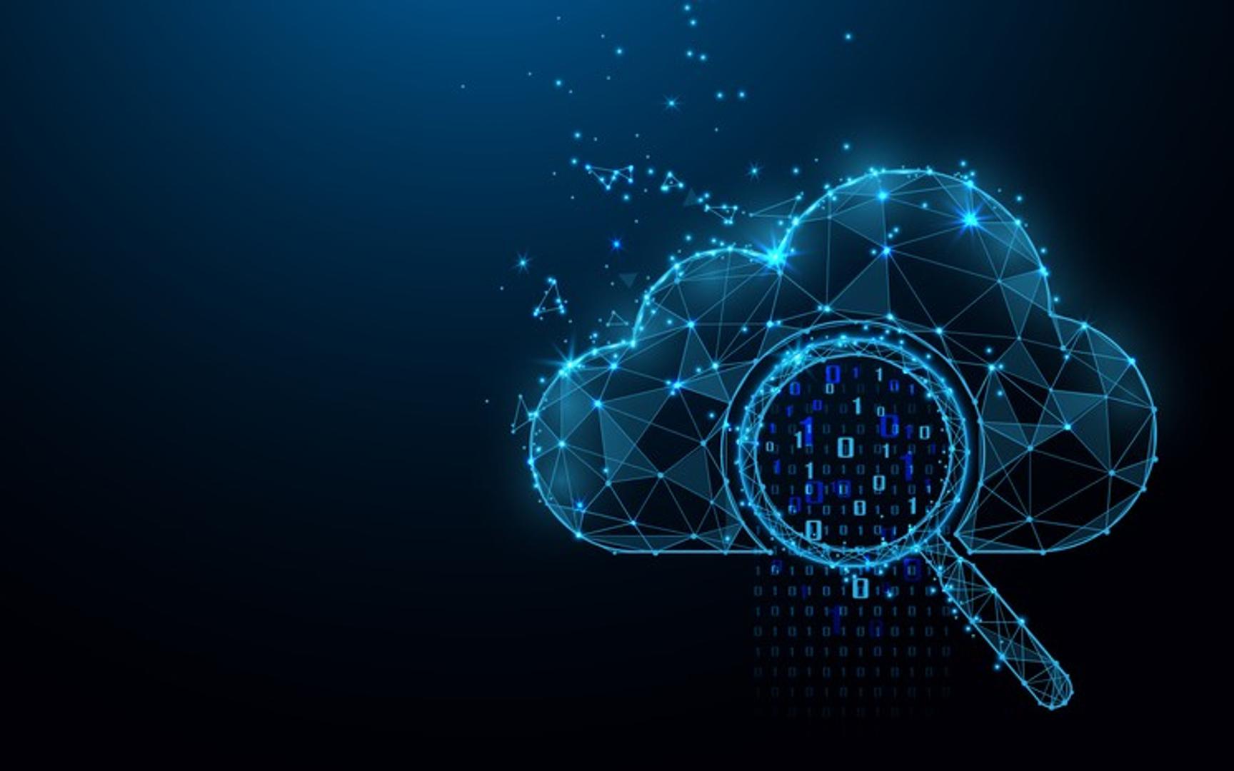 Geometric wireframe cloud shape with a magnifying glass examining binary code, set against a dark blue background.