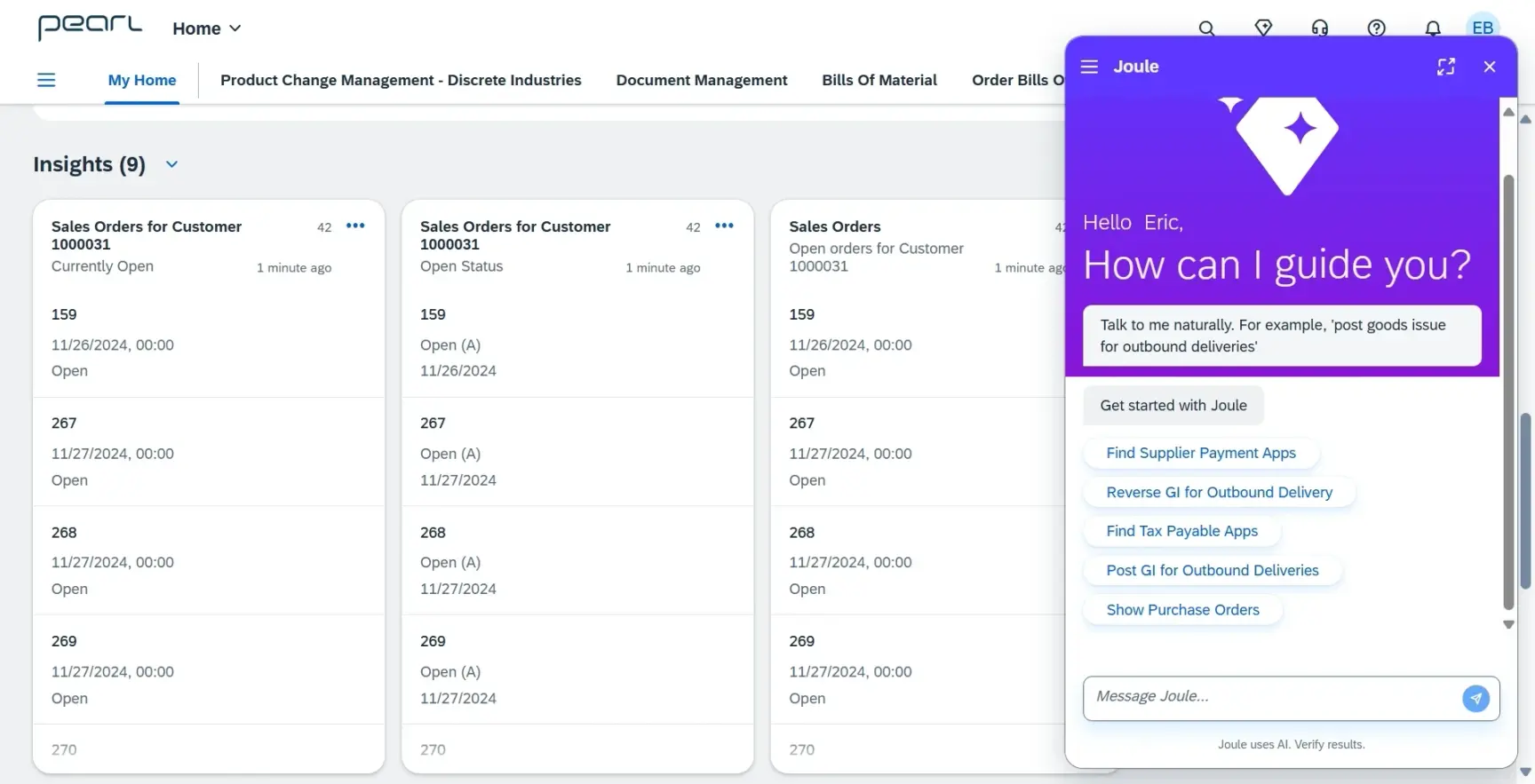 Dashboard showing sales order insights with a purple Joule AI assistant pop-up asking 'How can I guide you?